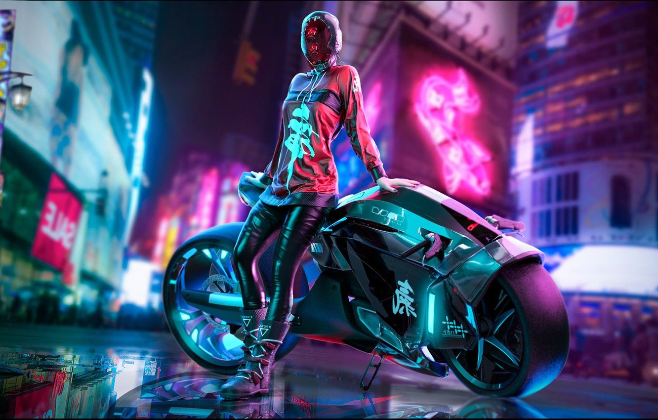 Ragazza cyberpunk con moto neon, 1332x850 HD, Desktop