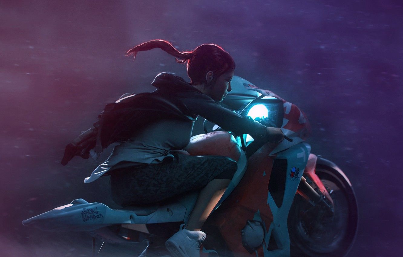 Ragazza artistica su moto notturna, 1332x850 HD, Notebook Gaming