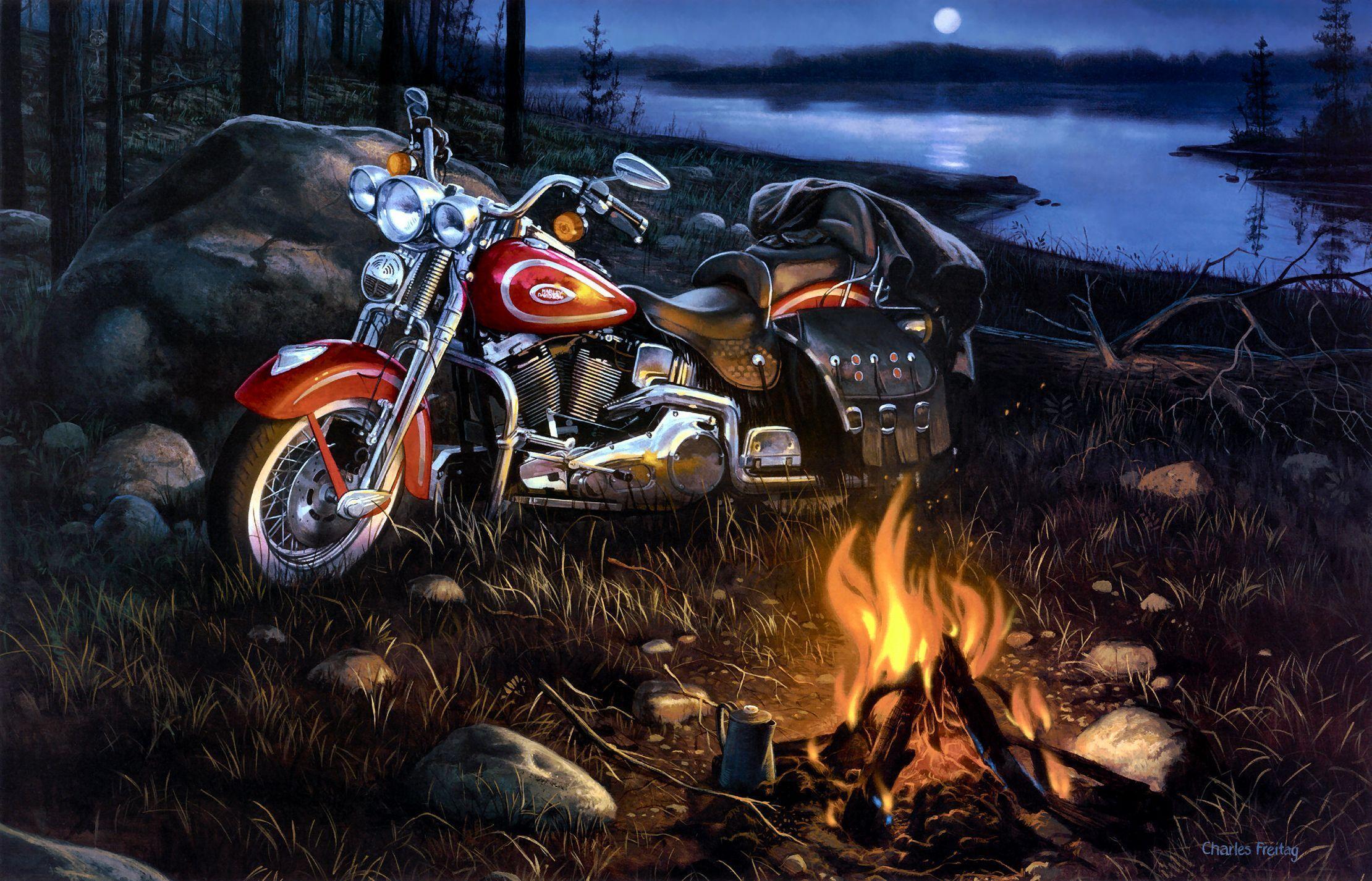 Moto Harley presso falò notturno, 2220x1426 Hi-Res, Desktop