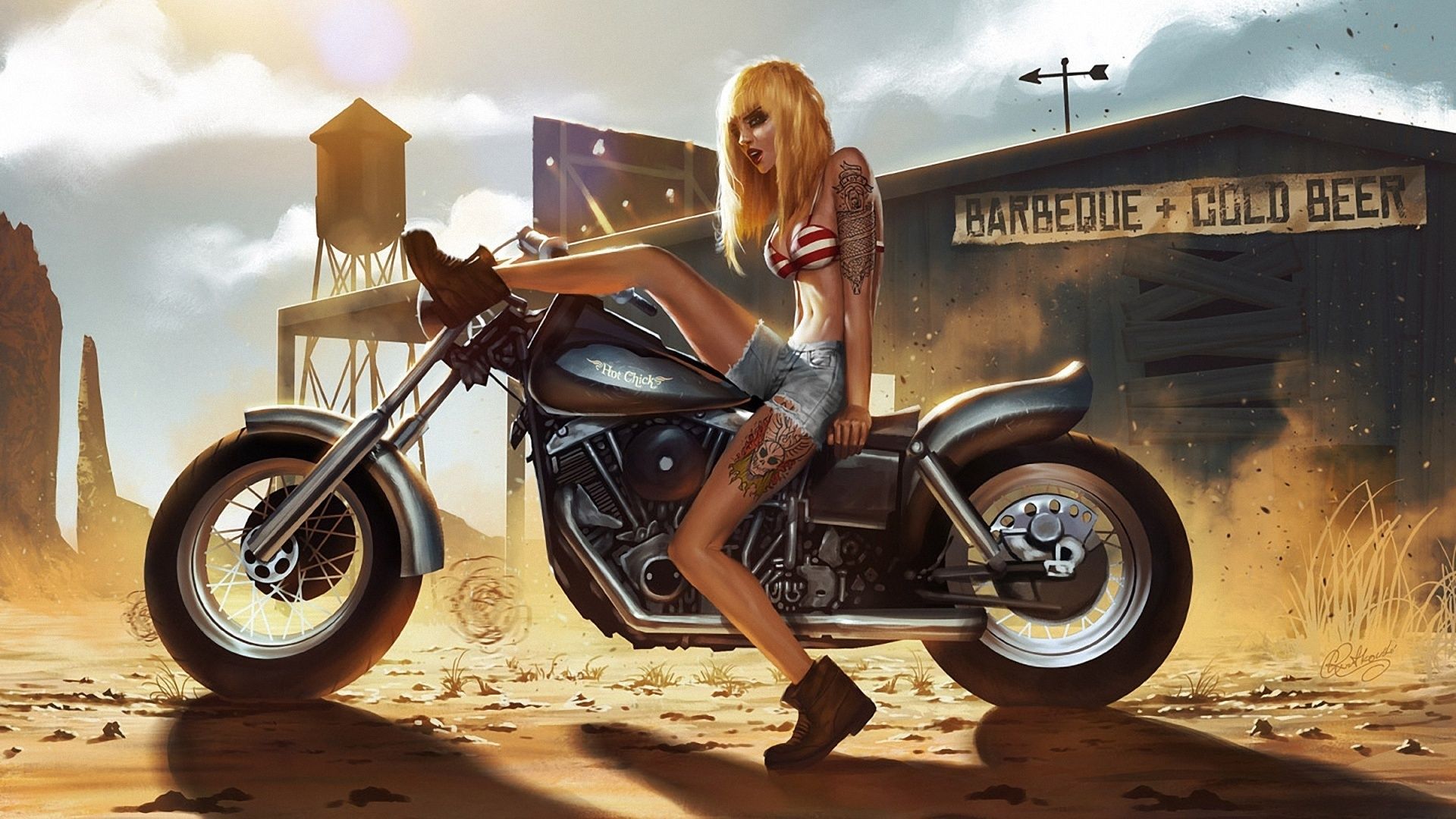 Donna biondo su moto stilizzata, 1920x1080 1080p, Desktop
