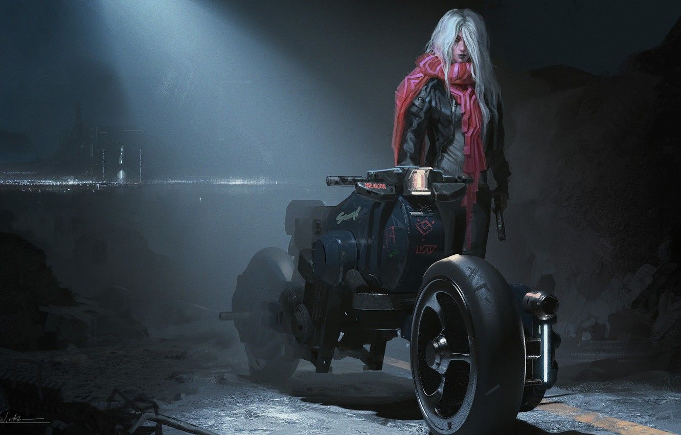 Ragazza con moto futuristica notte, 1332x850 HD, Desktop