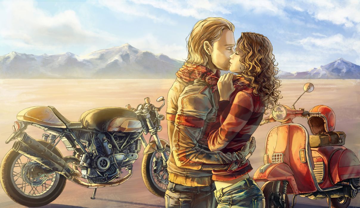 Coppia che si bacia tra moto, 1208x700 HD, PC Desktop