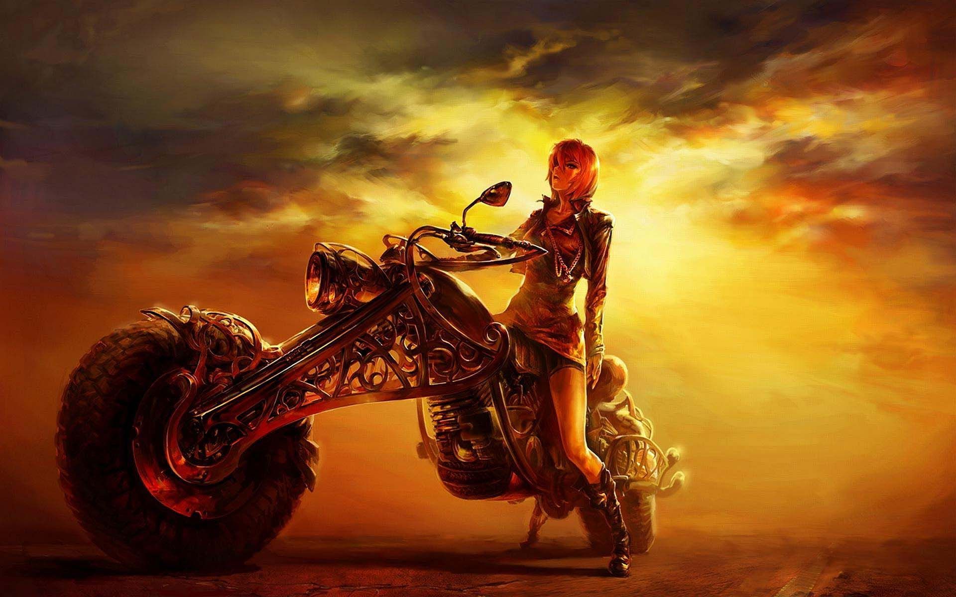 Moto chopper e donna tramonto, 1920x1200 WUXGA, Desktop