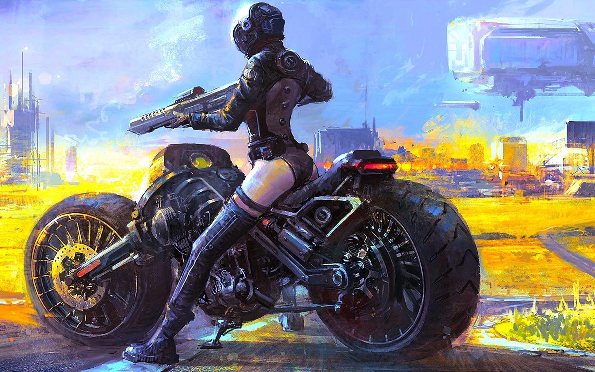 Motociclista futuristica su moto cyberpunk, 1920x1200 Full HD+, Desktop