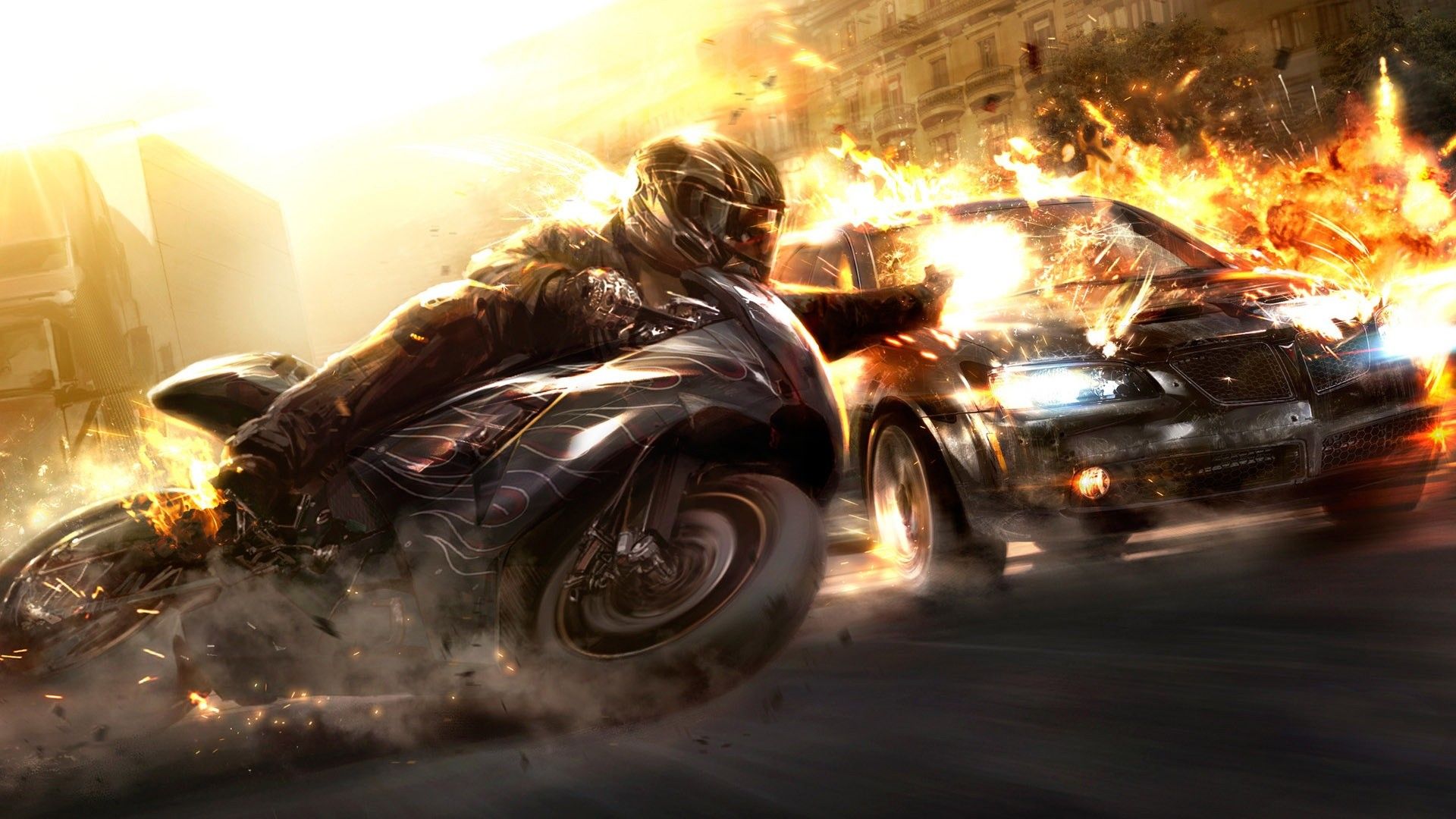 Motociclista in fuga tra esplosioni, 1920x1080 Full HD, Desktop