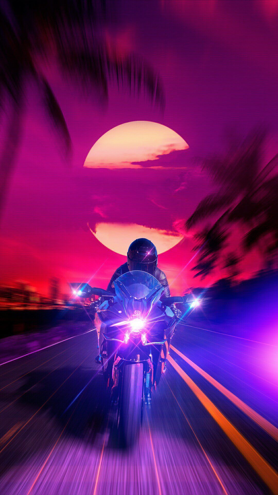 Moto neon al tramonto, 1080x1920 Verticale, Telefono