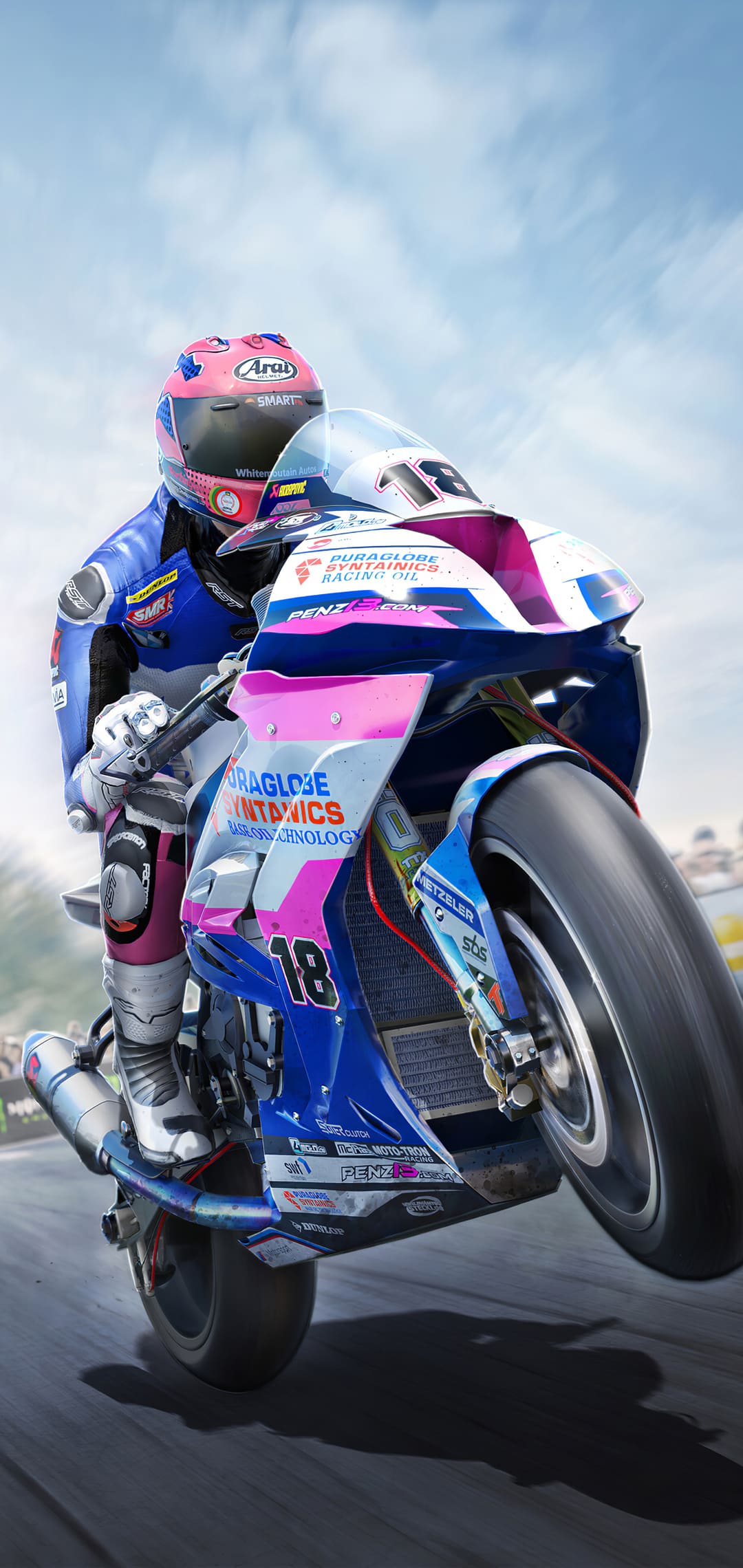 Moto sportiva rosa blu impennata, 1080x2280 Verticale, Telefono