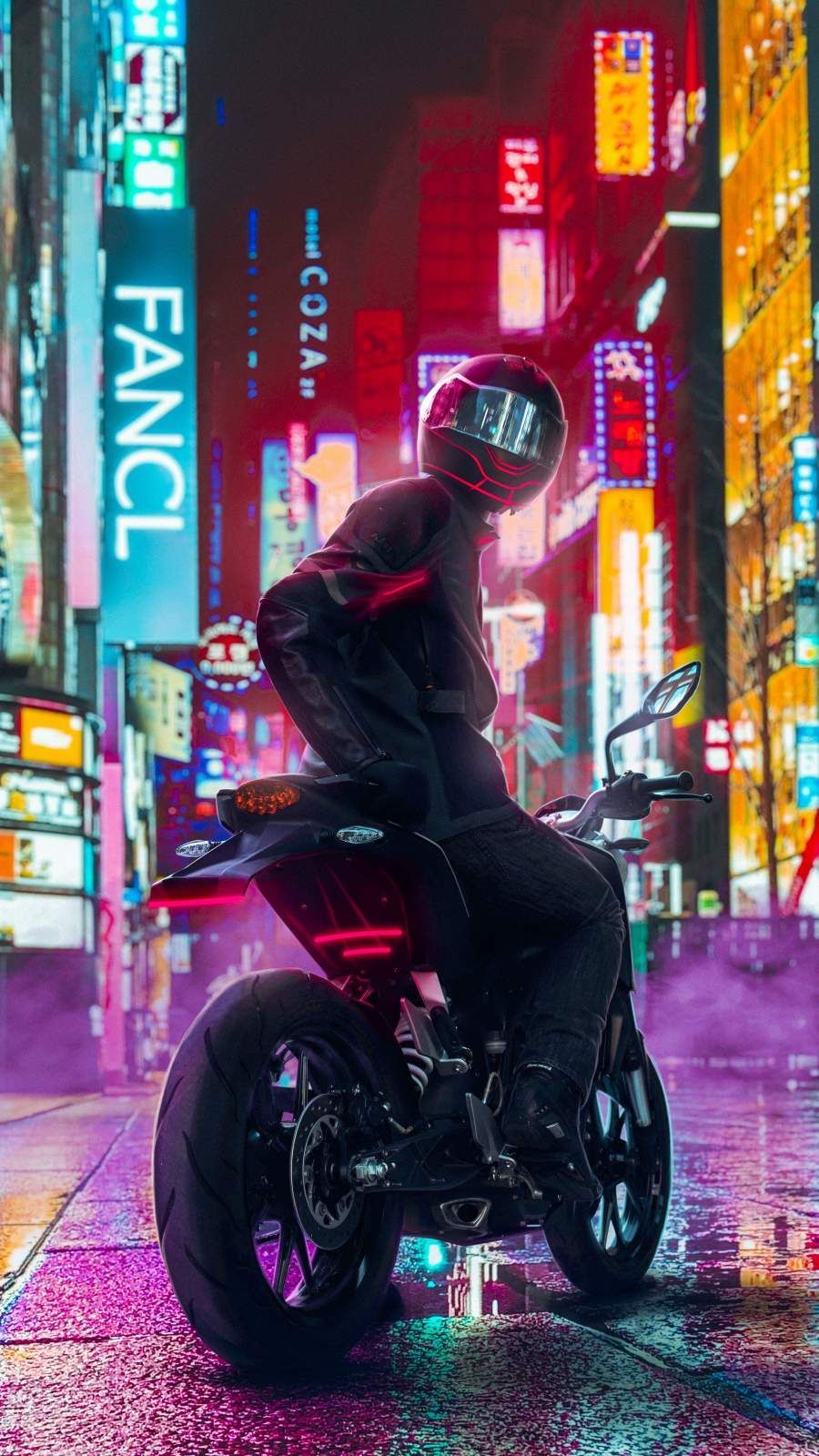 Motociclista notturno città neon, 900x1600 Verticale, Telefono