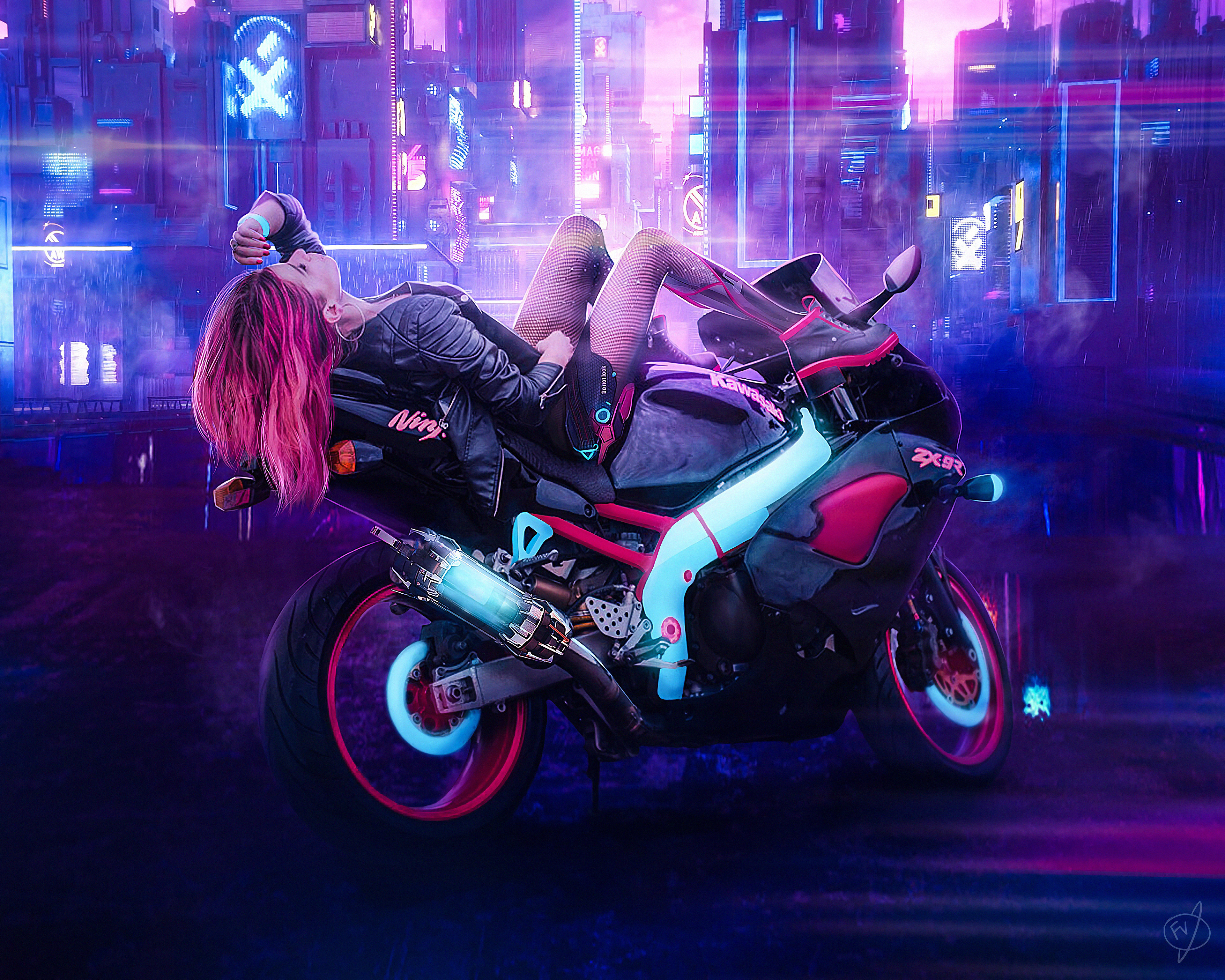 Ragazza cyberpunk su moto sportiva, 3840x3072 4K, Desktop 4K