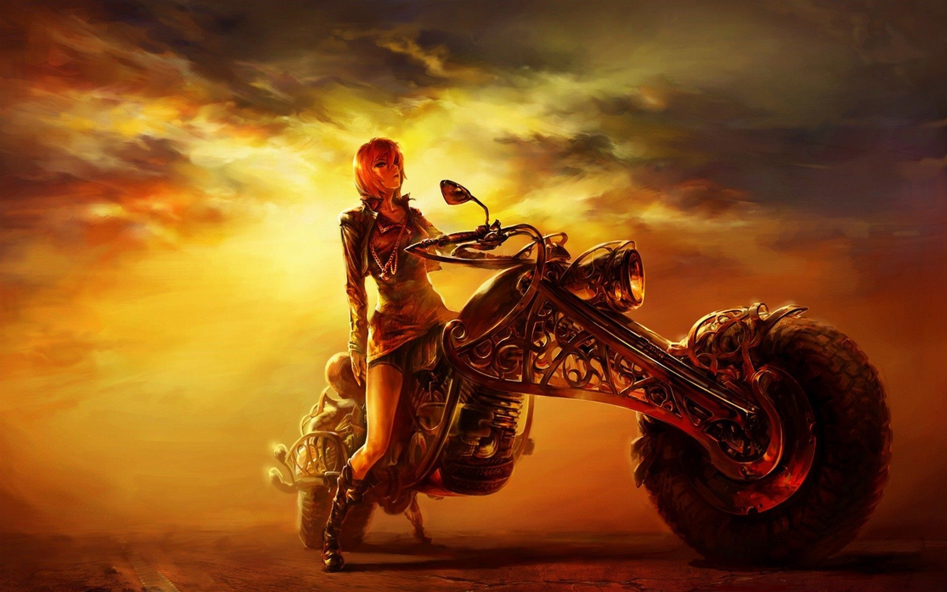 Motociclista donna fantasy tramonto, 1920x1200 Full HD+, PC