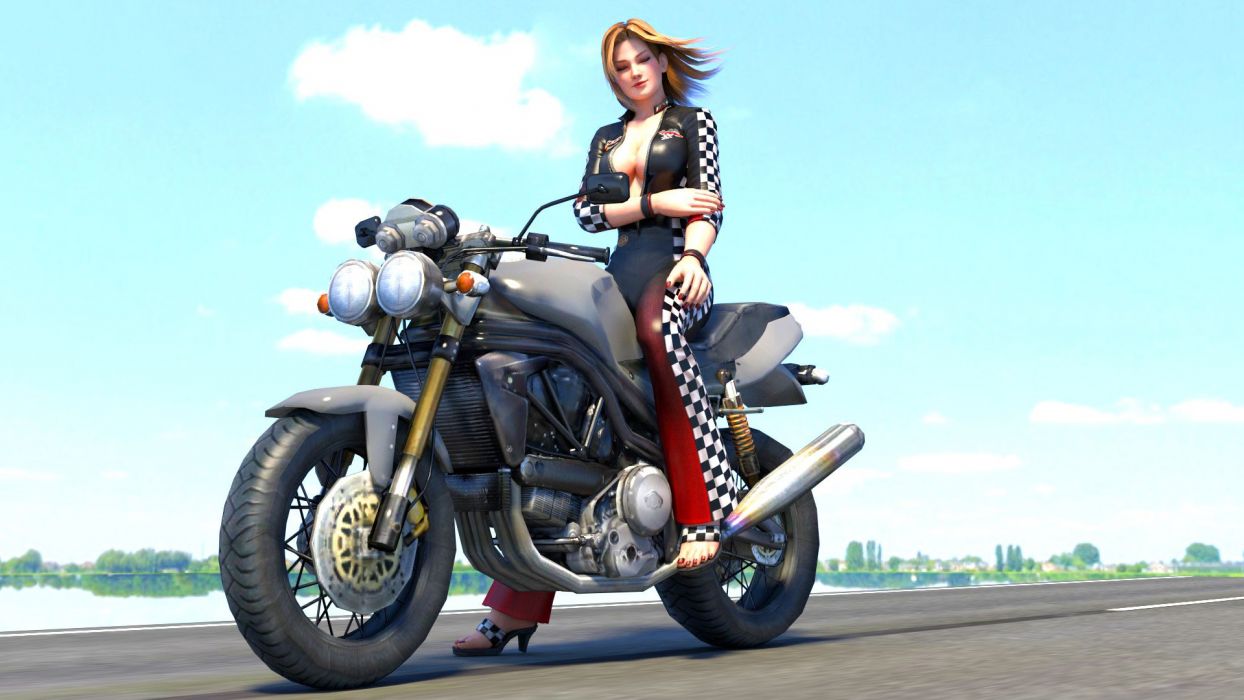 Ragazza motociclista su moto 3D, 1244x700 HD, Desktop