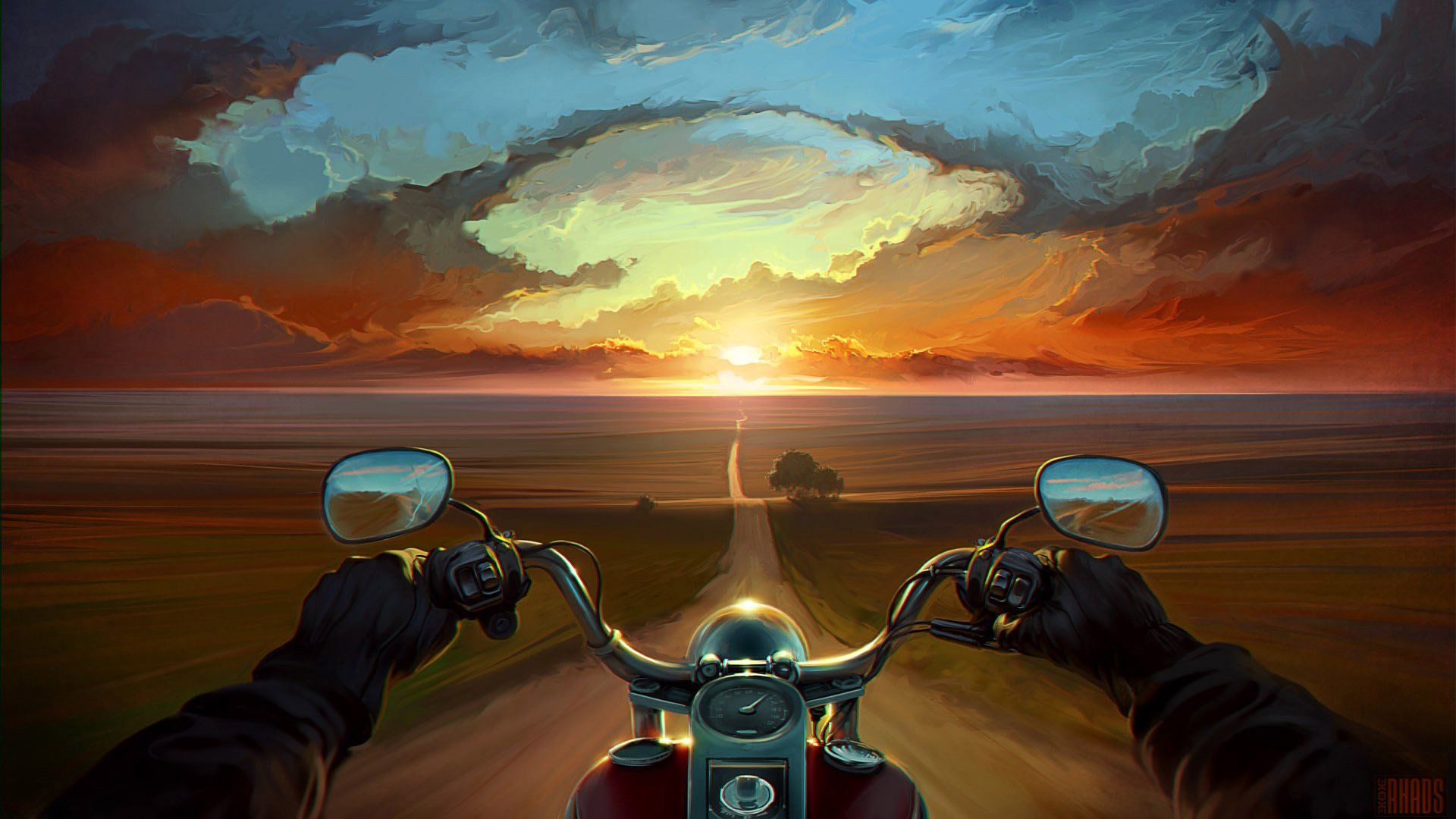 Motociclista tramonto strada deserta, 1920x1080 Full HD, Desktop