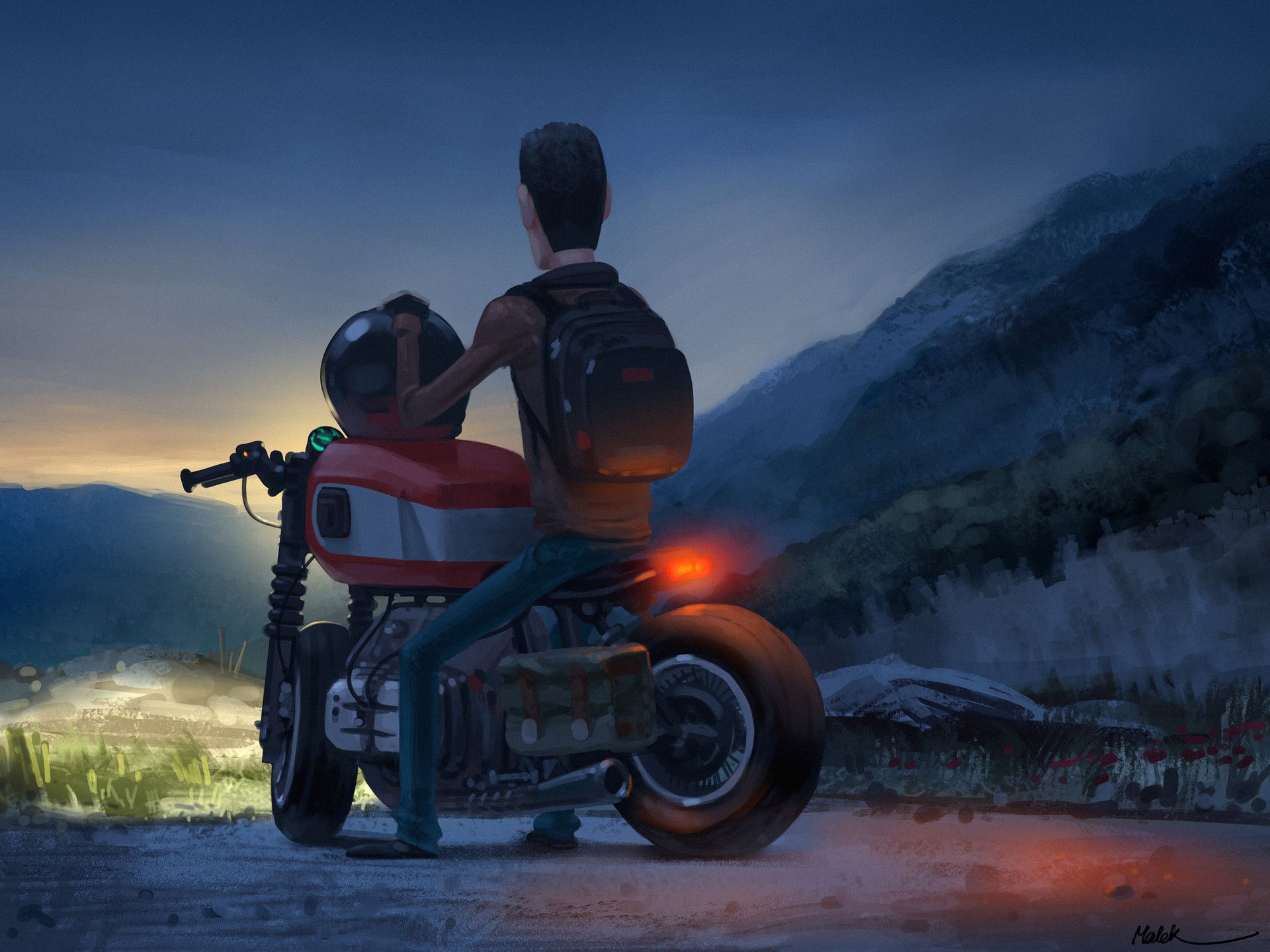 Motociclista seduto al tramonto, 1920x1440 Full HD+ WUXGA, Desktop