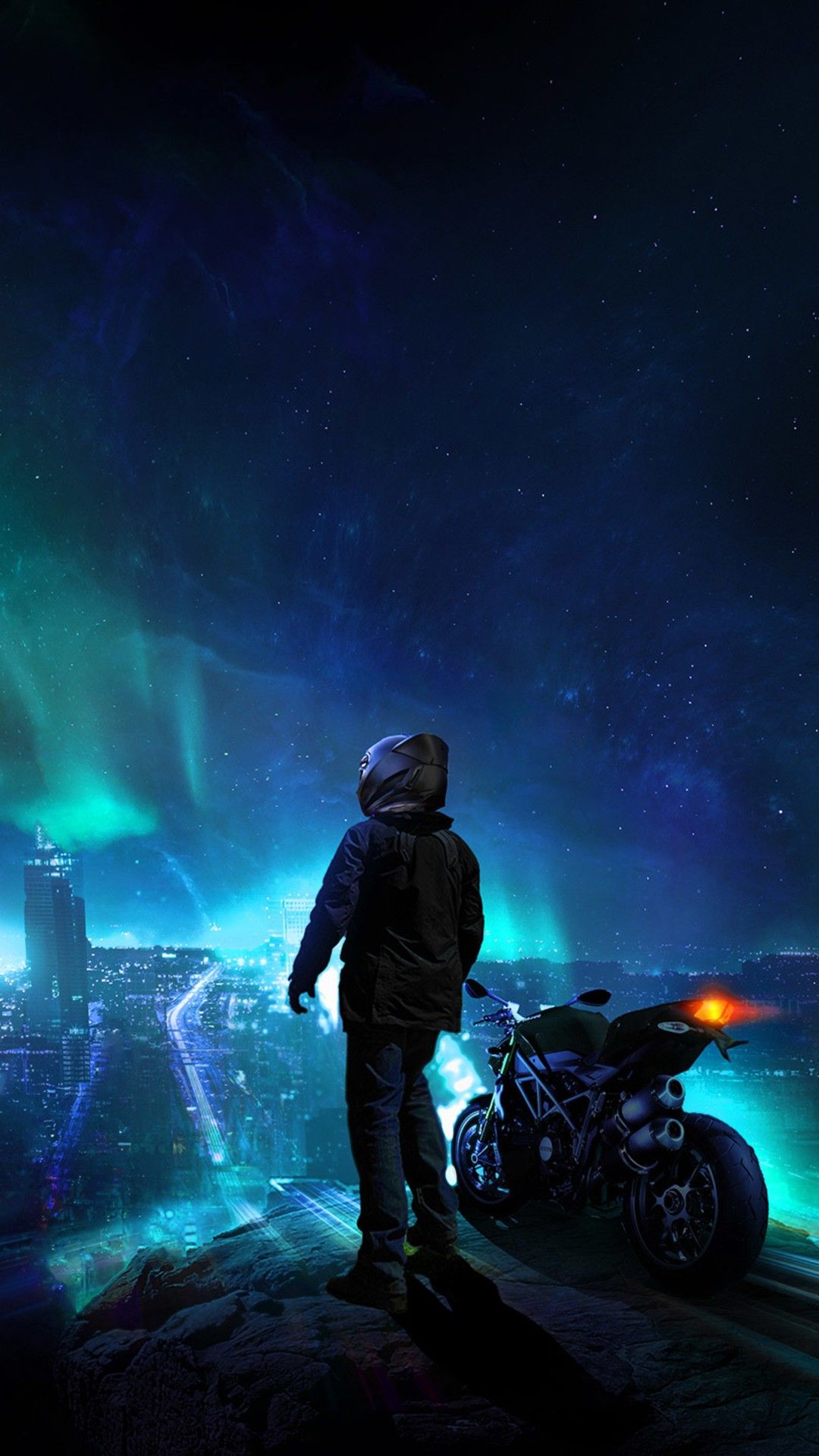 Motociclista skyline notturno blu, 1080x1920 Verticale, Telefono