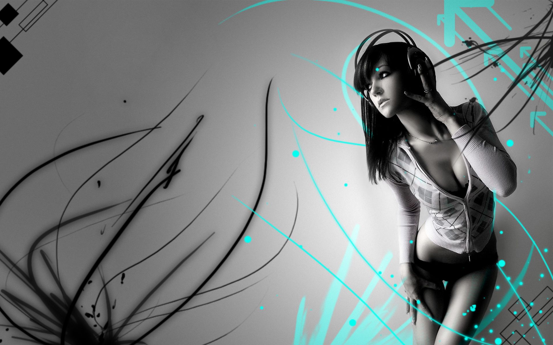 Ragazza con cuffie, sfondo astratto, 1920x1200 Full HD+ WUXGA, Desktop