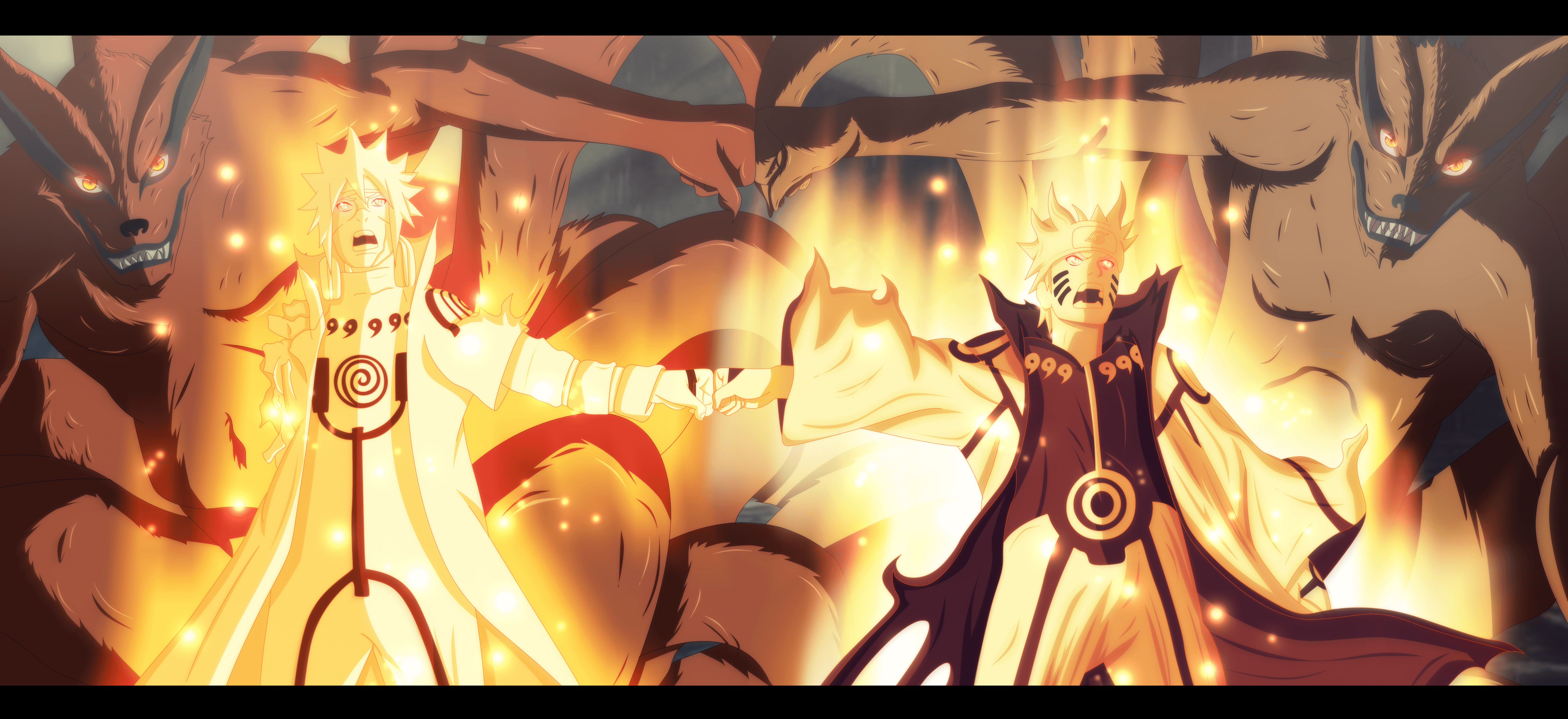 Naruto e Minato, Kurama fiammeggiante, 6000x2753 Ultra HD, Monitor 4K
