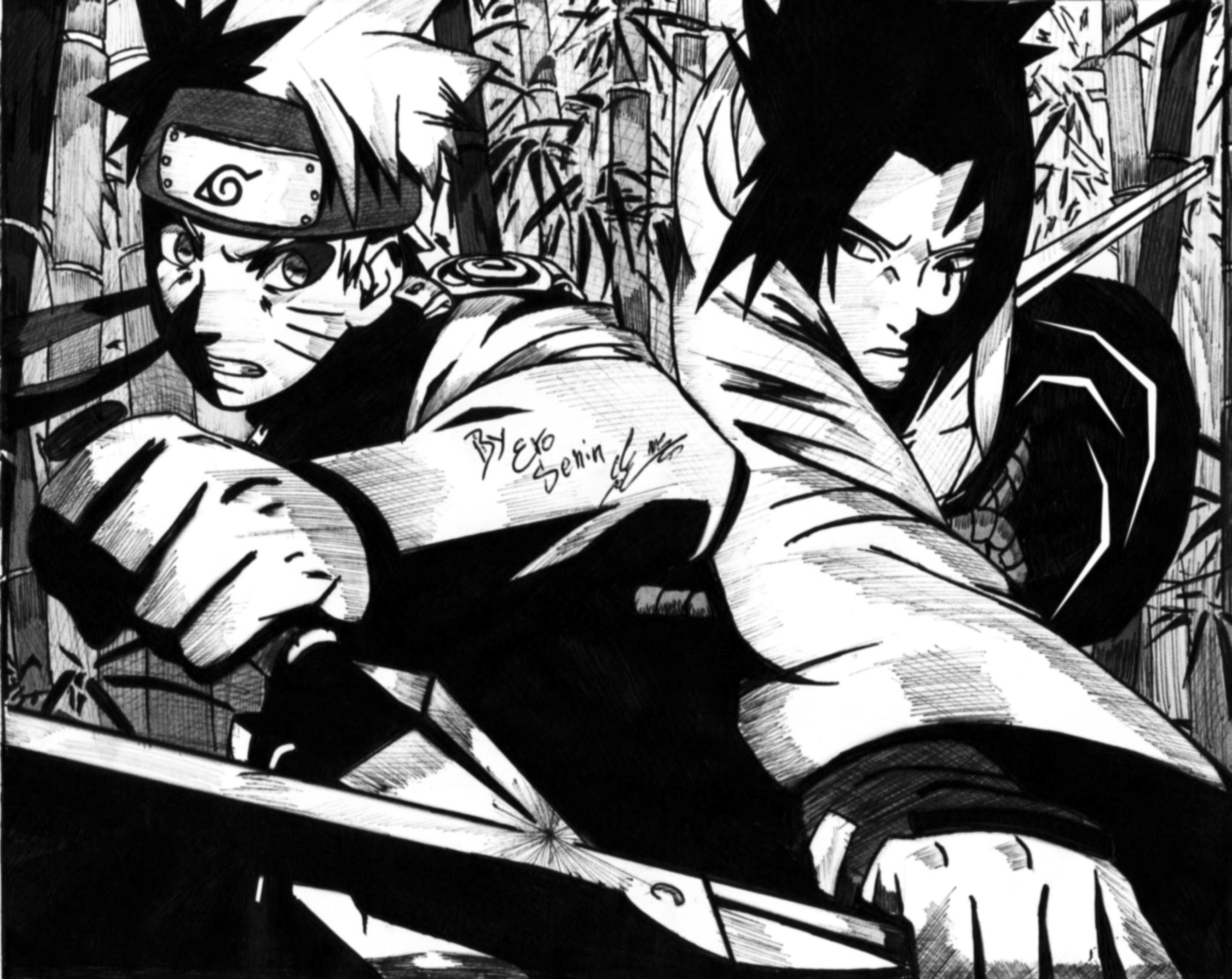 Naruto e Sasuke, bianco e nero, 2677x2128 2K+, PC
