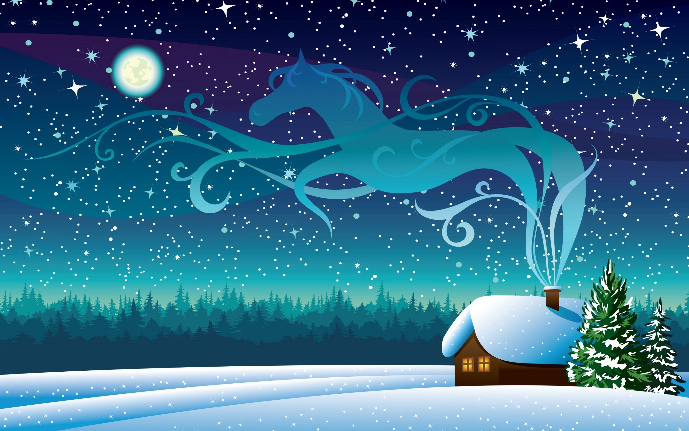 Cavalli fumo casetta neve notte, 2880x1800 2K, PC