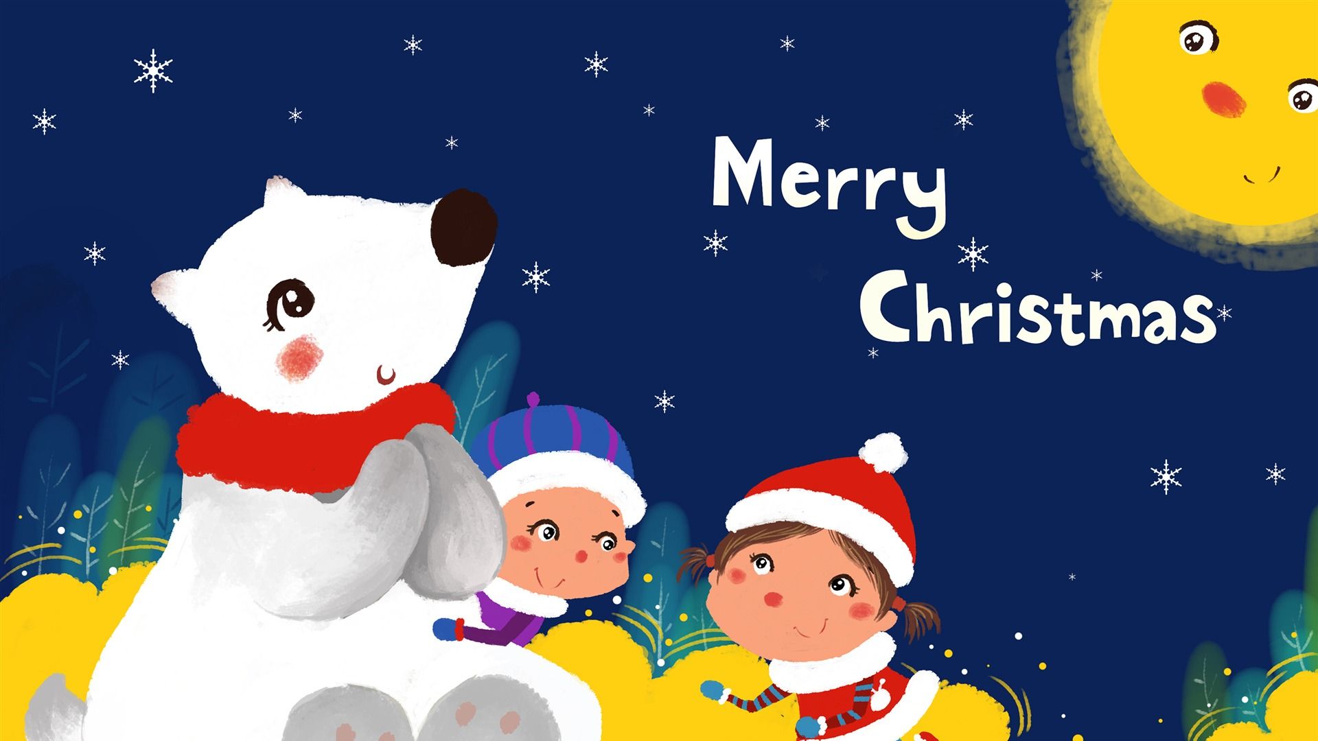Orso polare e bambini natalizi, 1920x1080 Full HD, PC