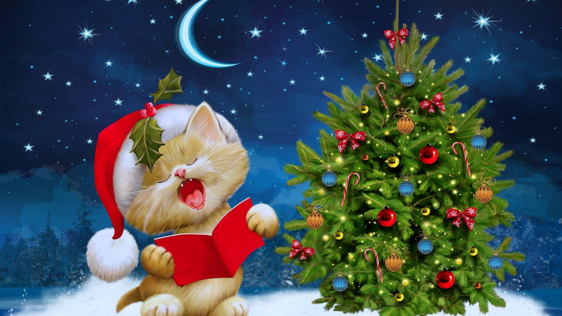 Gattino natalizio con albero, 1920x1080 Full HD 1080p, PC