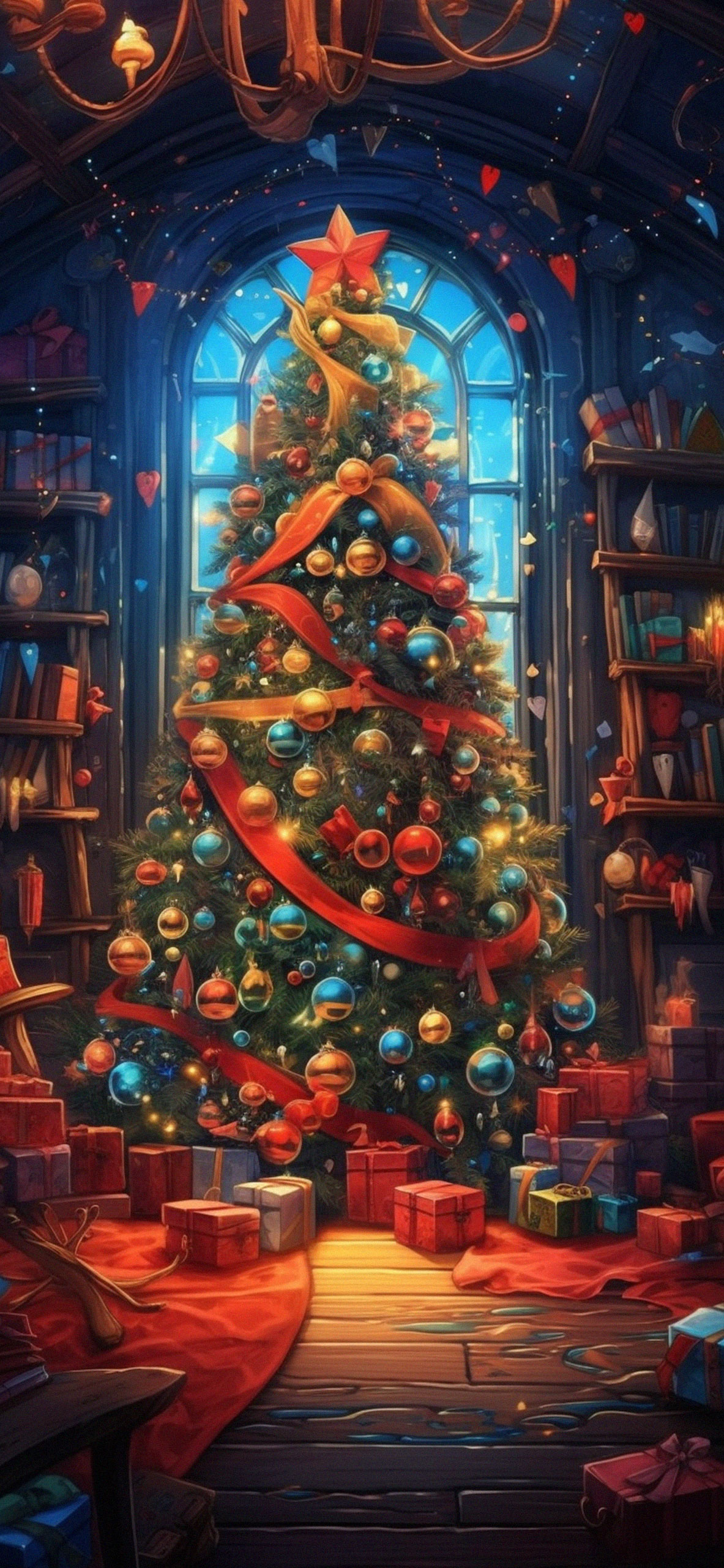 Albero di Natale in libreria, 1183x2560 Full HD Verticale, Smartphone