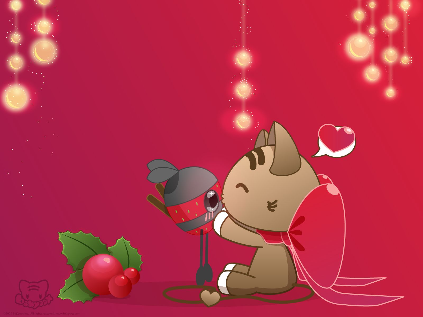 Gattino kawaii natalizio sfondo rosso, 1600x1200 900p, Desktop