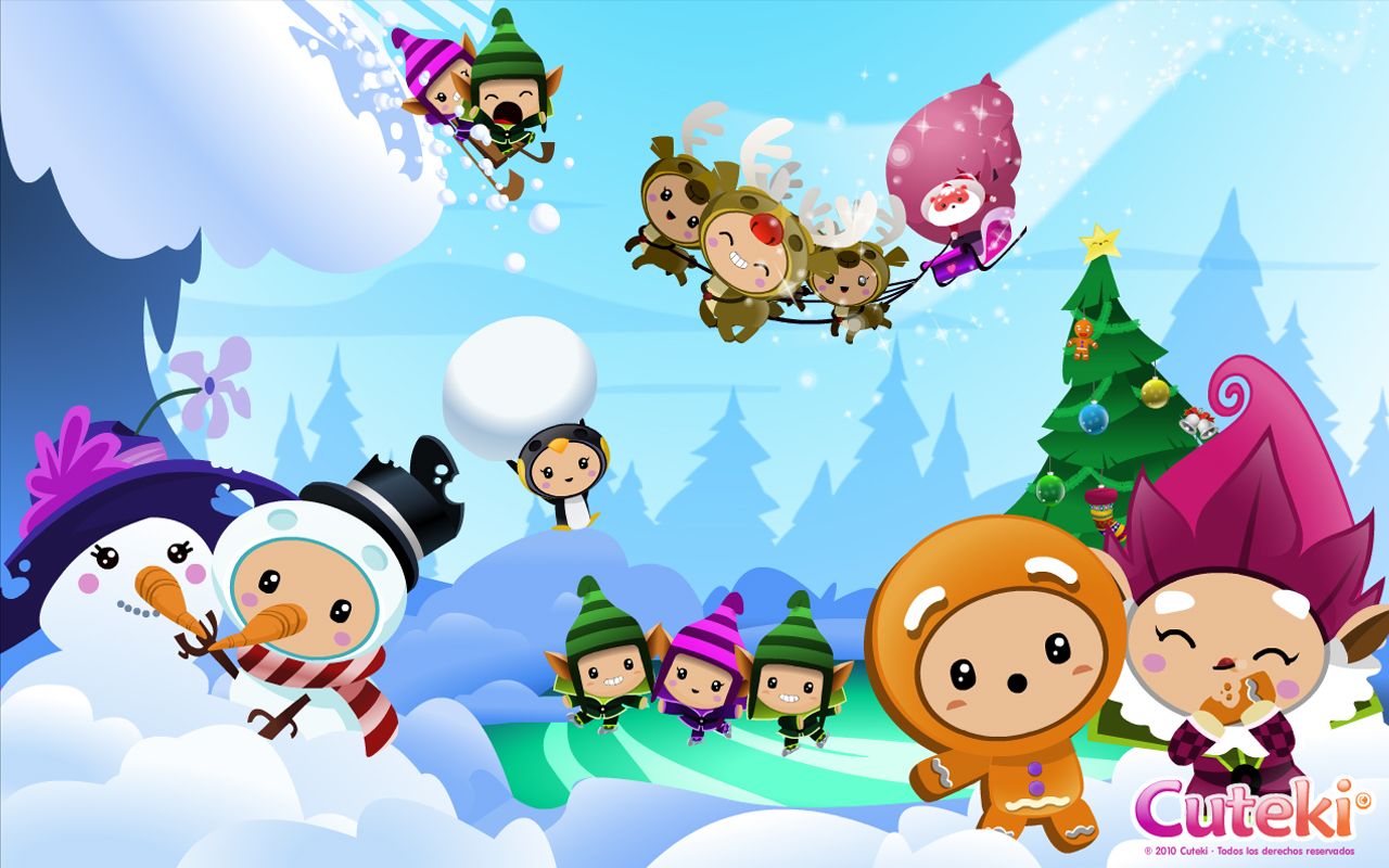 Personaggi kawaii natalizi nella neve, 1280x800 720p, Laptop