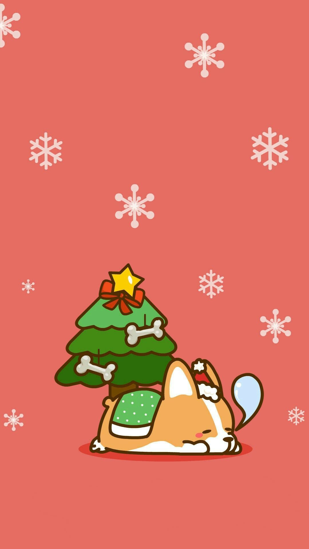 Corgi kawaii con albero Natale, 1080x1920 Verticale, Telefono
