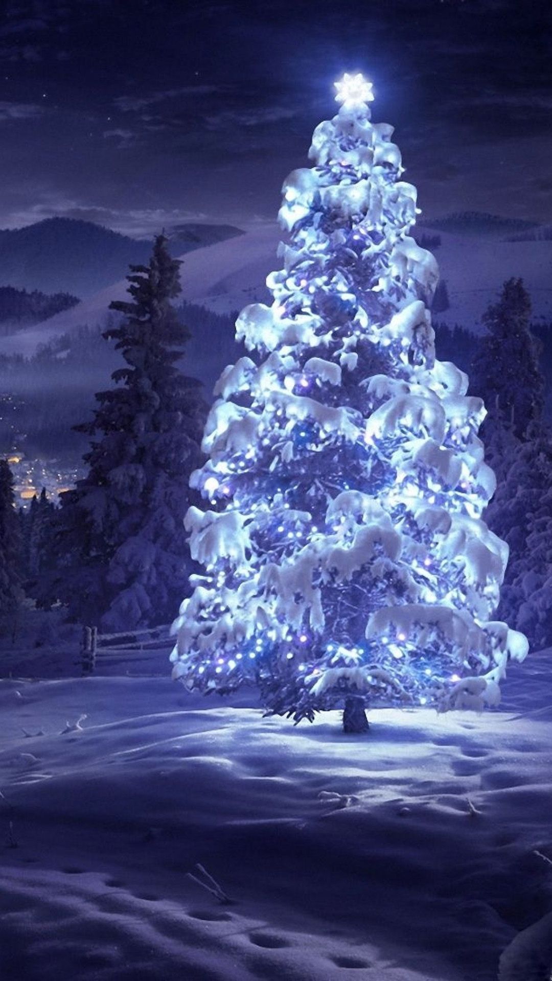 Albero di Natale innevato illuminato, 1080x1920 Verticale, Telefono