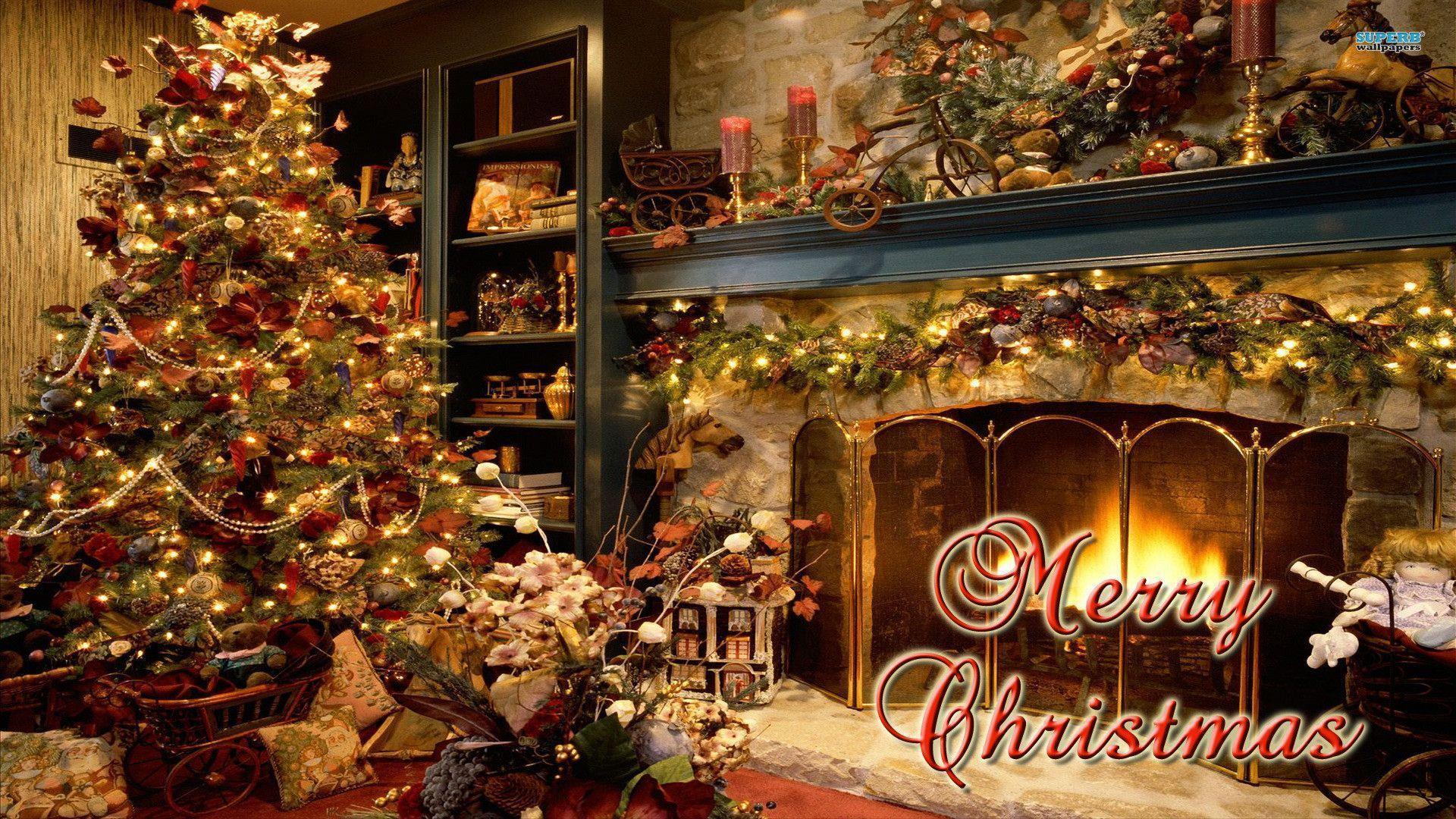 Albero di Natale e camino, sfondo 1920x1080 Full HD 1080p, PC