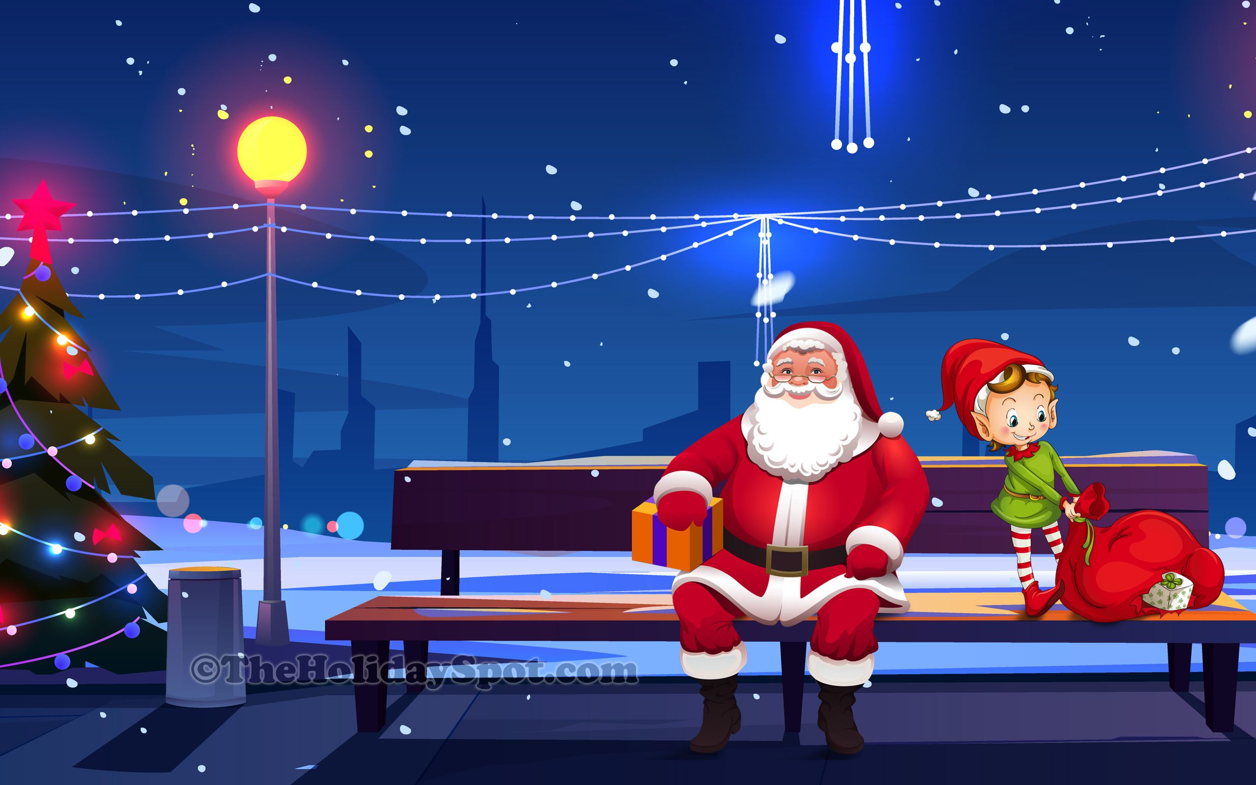 Babbo Natale ed elfo su panchina, 2560x1600 WQXGA, Desktop