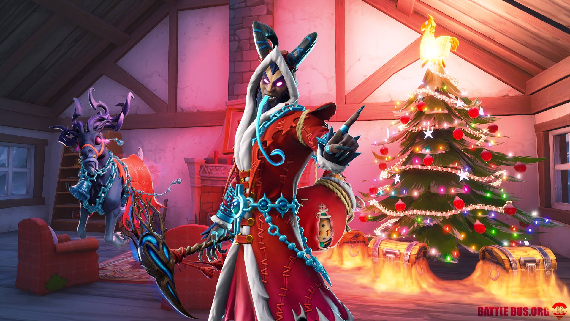 Personaggio Fortnite natalizio con albero, sfondi di Natale, 1920x1080 Full HD, PC Desktop