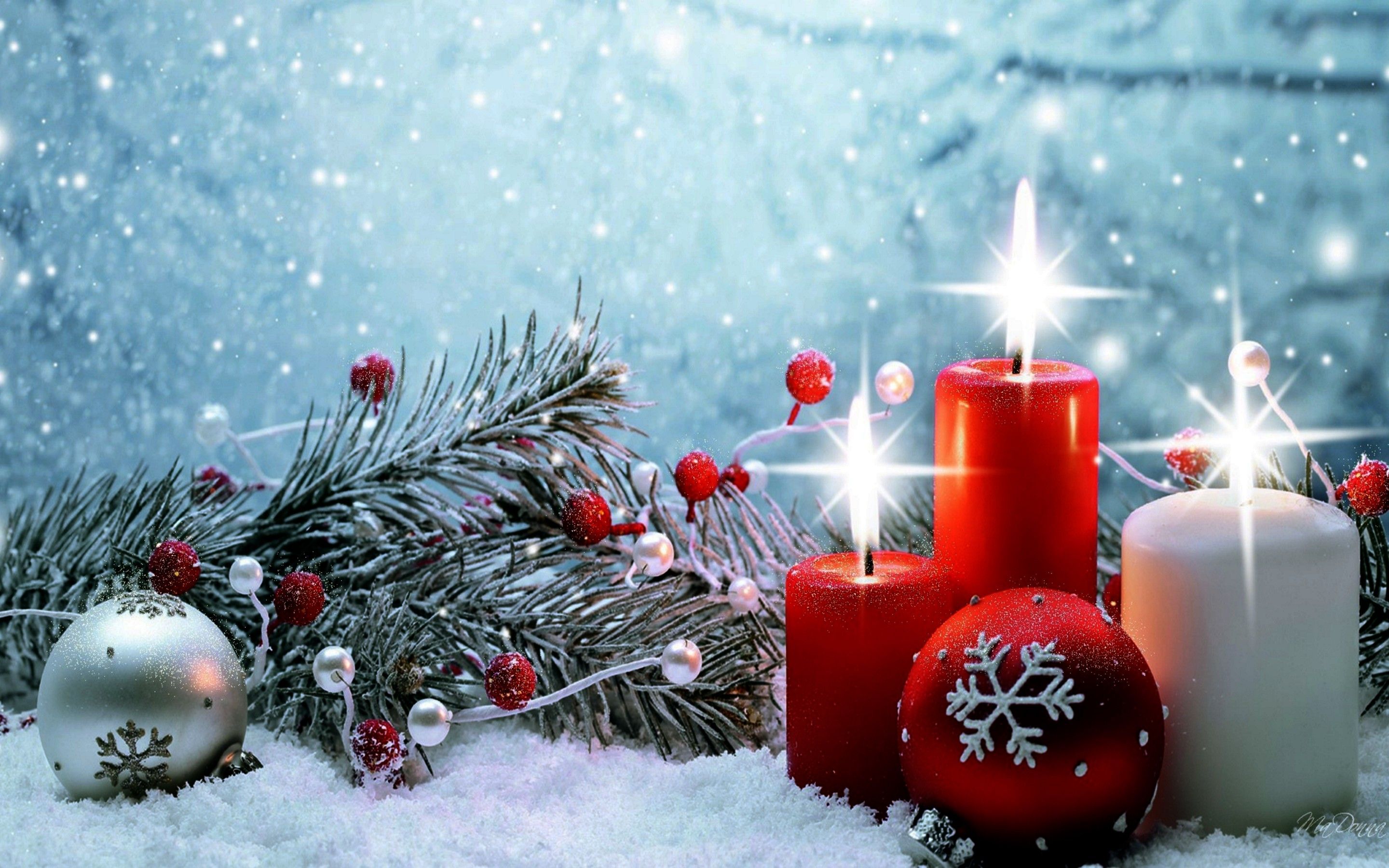 Candele natalizie e pigne innevate, sfondi di Natale, 2880x1801 WQXGA, Monitor Gaming