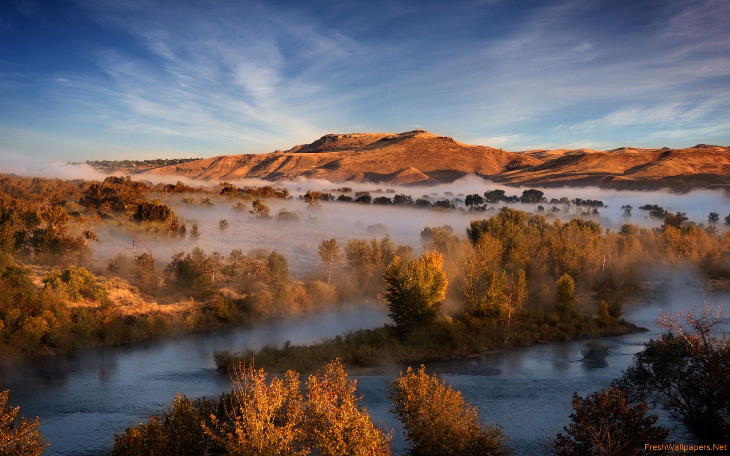 Valle nebbiosa con fiume autunnale, 2560x1600 2K, Desktop