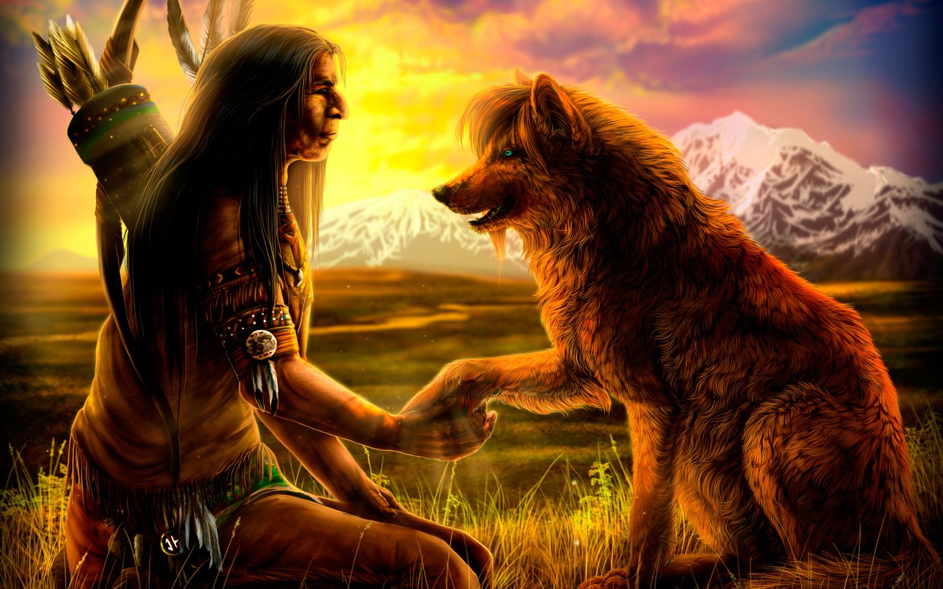 Nativa americana con lupo, tramonto, 1920x1200 WUXGA, Desktop