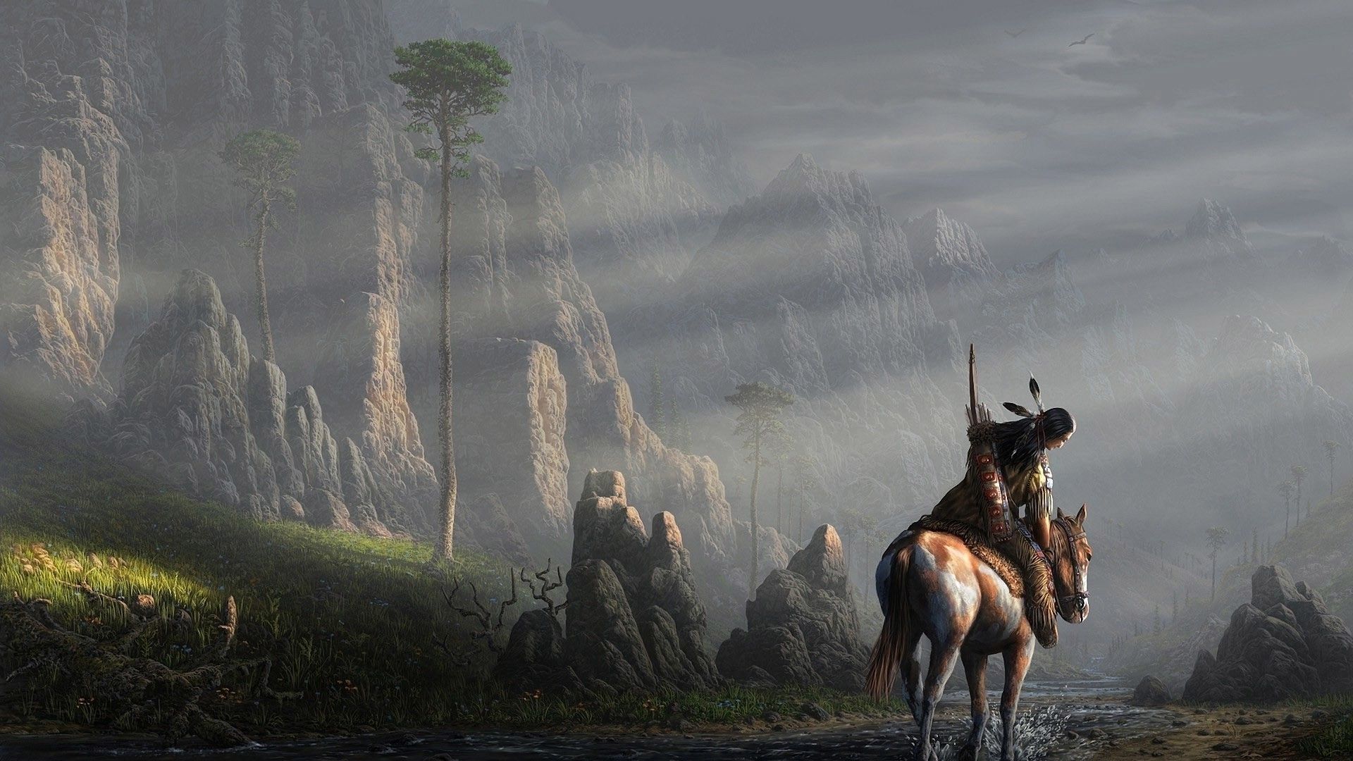 Nativo americano a cavallo, valle nebbiosa, 1920x1080 Full HD, PC Desktop