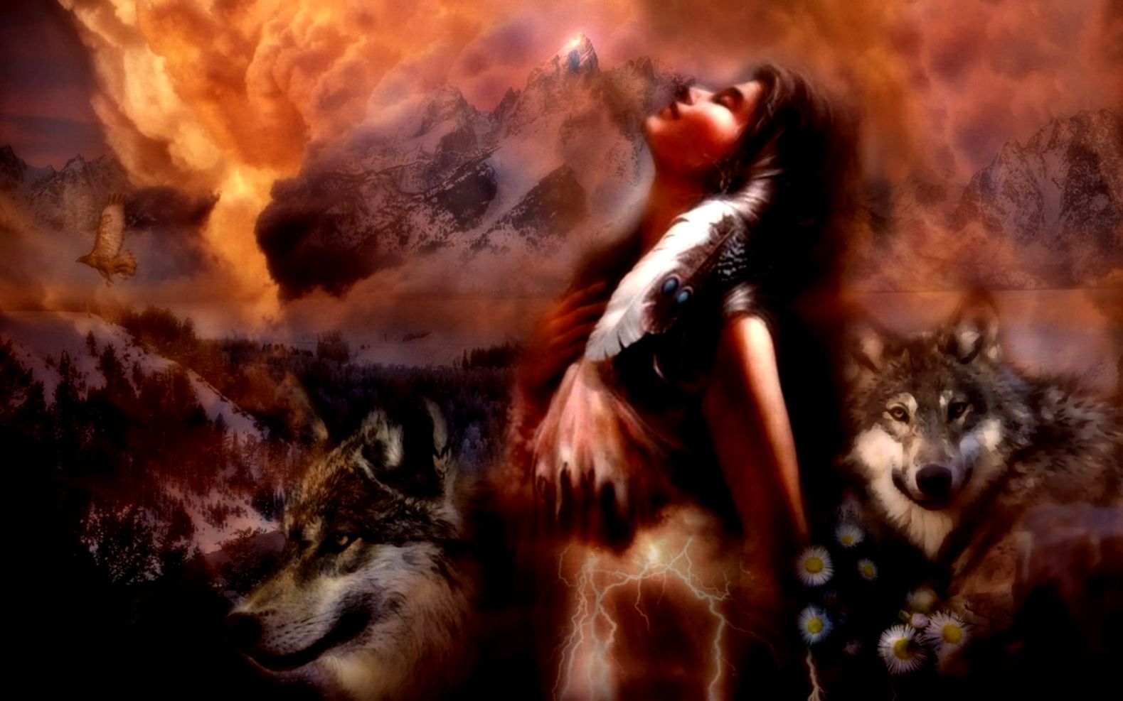 Donna nativa americana con lupi, 1579x987 HD, Desktop