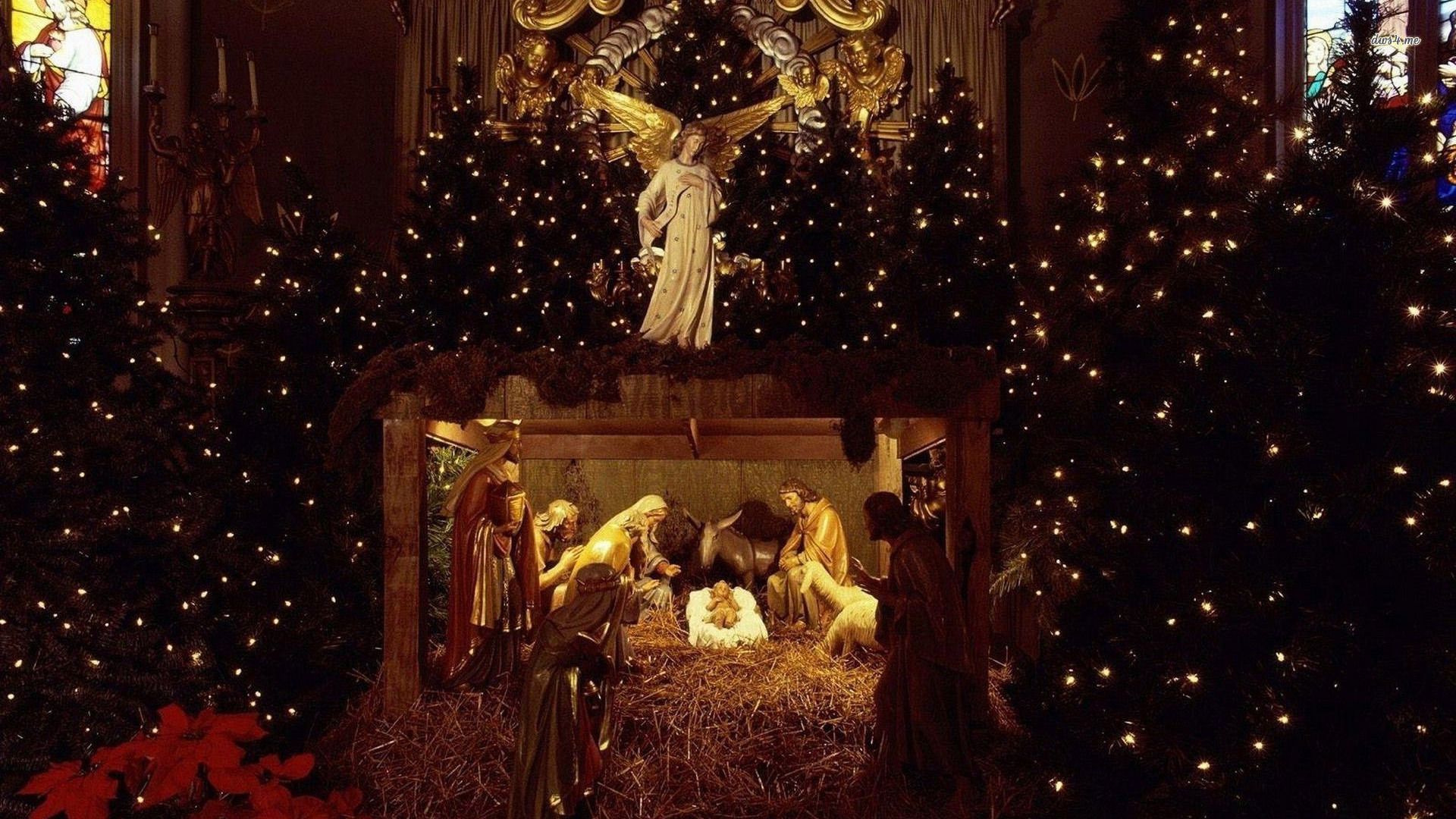 Presepe natalizio con alberi illuminati, 1920x1080 1080p, Desktop