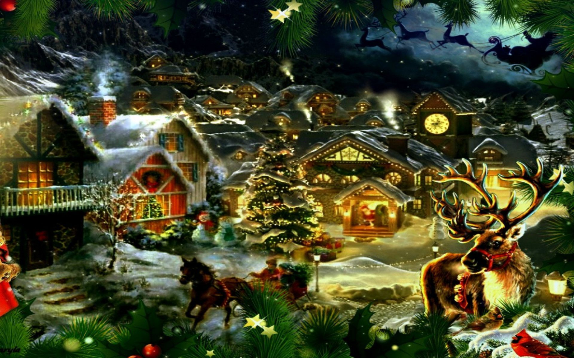 Villaggio natalizio notturno con slitta, 1920x1200 Full HD+ WUXGA, PC Desktop
