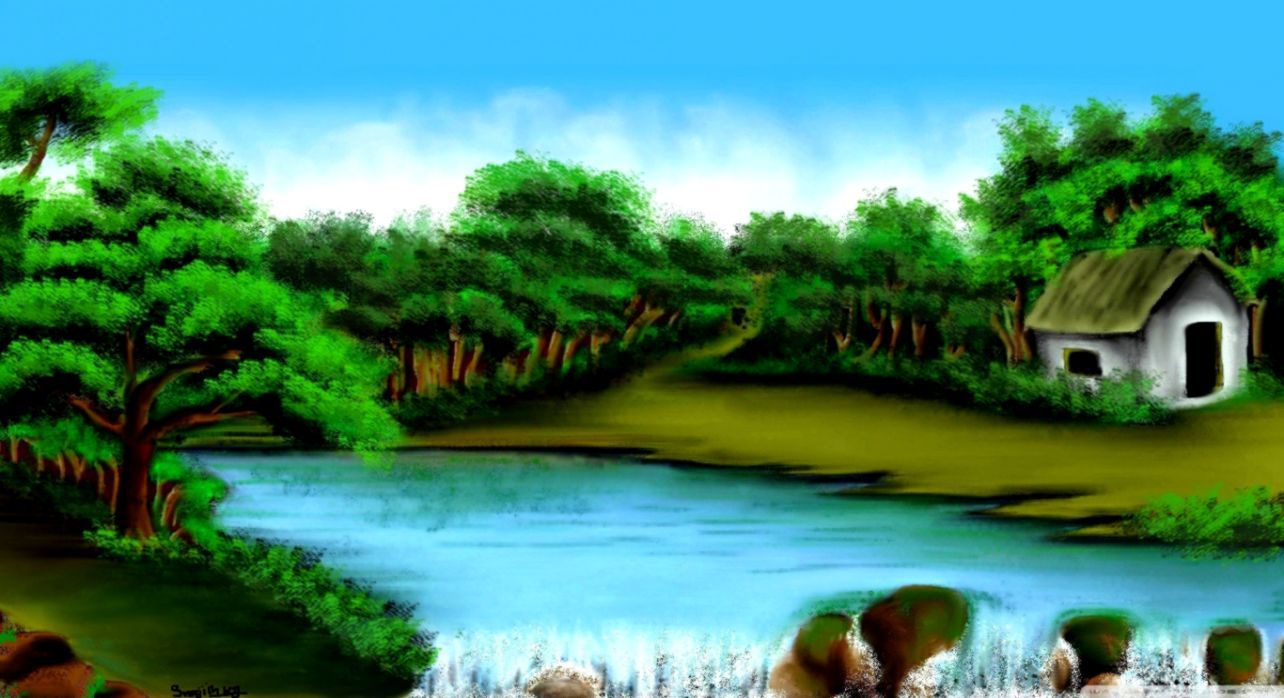 Paesaggio dipinto lago e casetta, 1284x698 HD, Desktop