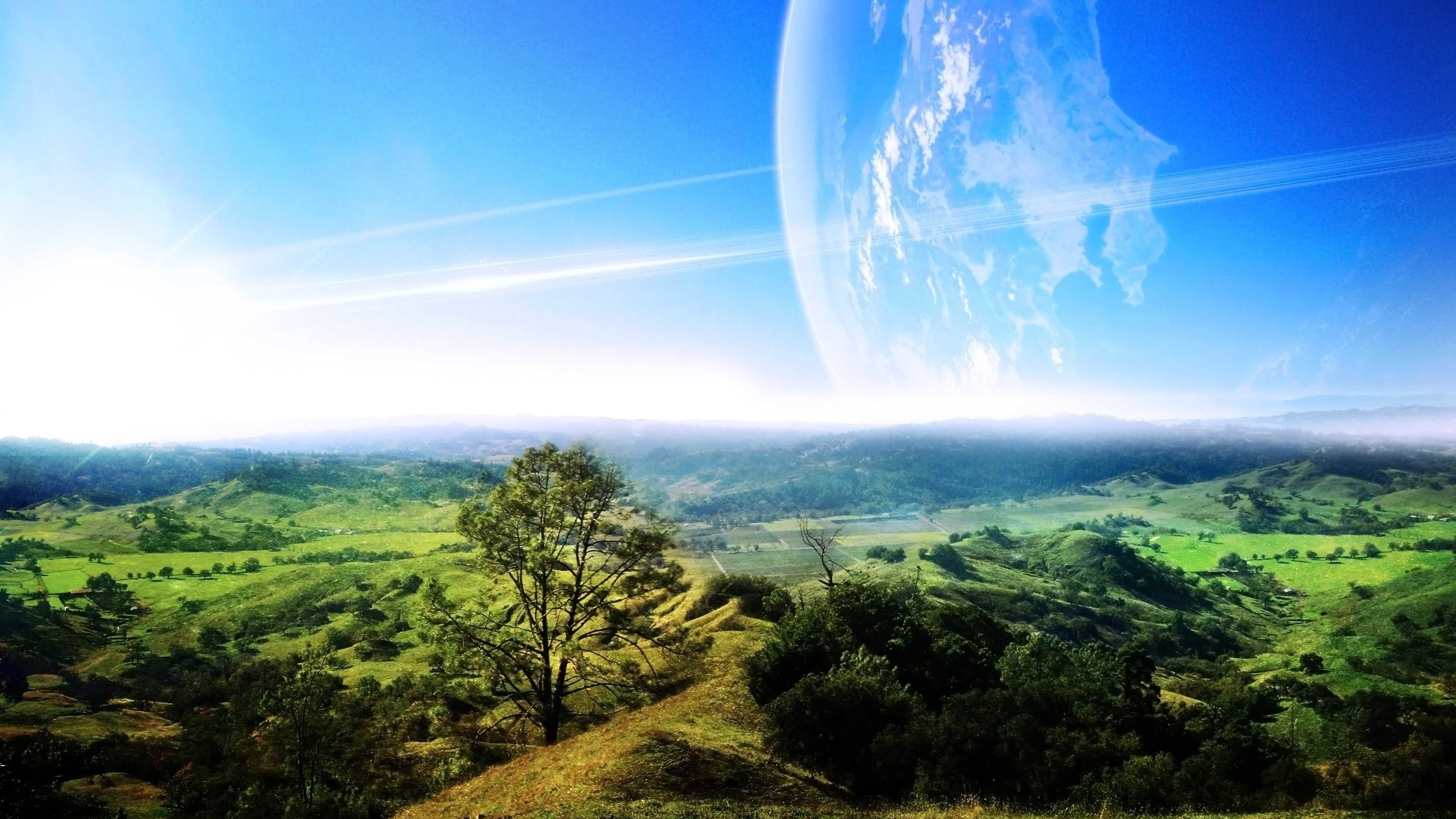 Paesaggio verde con pianeta gigante, 3840x2160 UHD, Monitor 4K