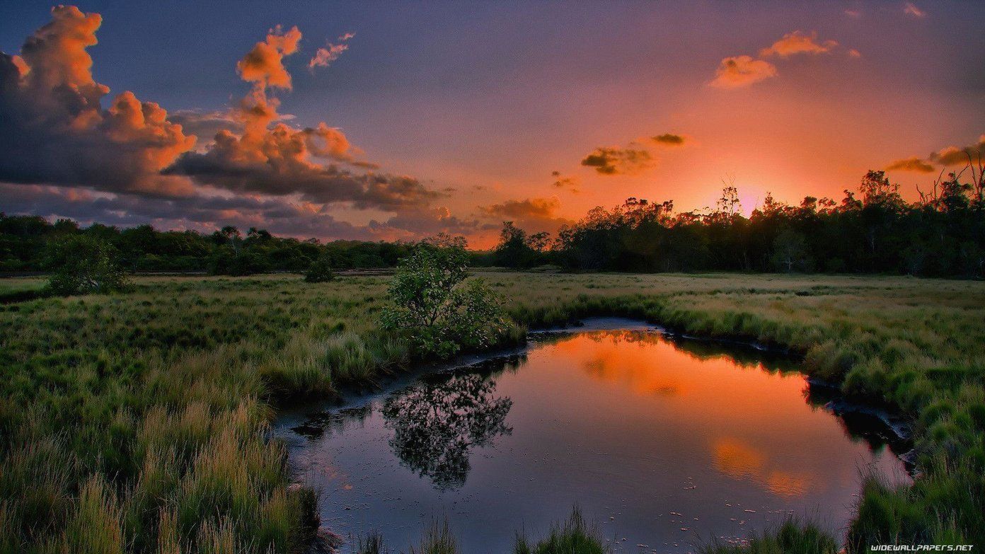 Tramonto arancione su palude, 1392x783 720p, Laptop