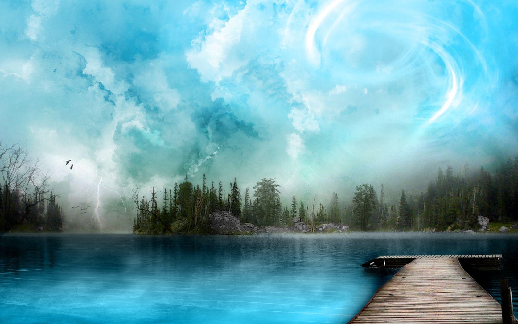 Lago blu con molo e pineta, 1680x1050 HD Ready, Notebook Gaming