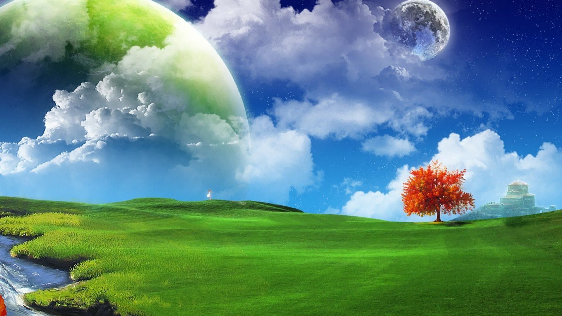 Pianeti nel cielo su prato verde, 1920x1080 1080p, Laptop