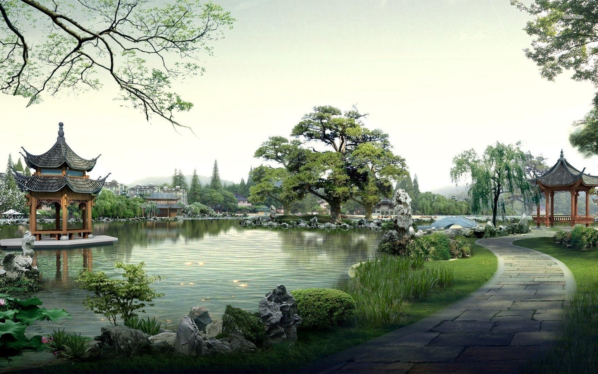 Giardino orientale con laghetto e padiglioni, 1920x1200 Full HD+, Laptop