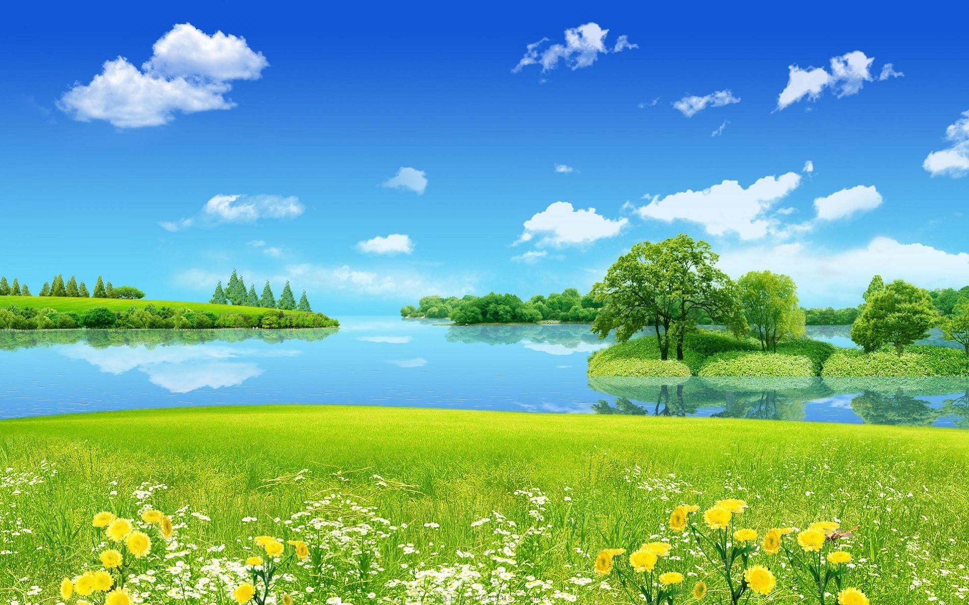 Paesaggio digitale prato fiorito lago, 1920x1200 Full HD+, Desktop