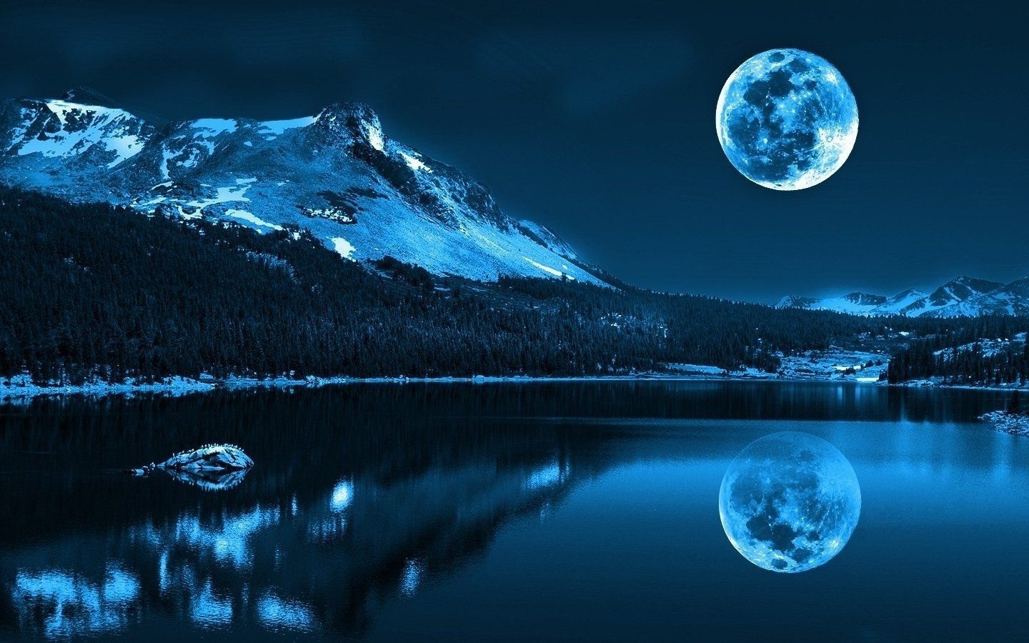 Montagna innevata luna lago notturno, 1440x900 720p, Laptop