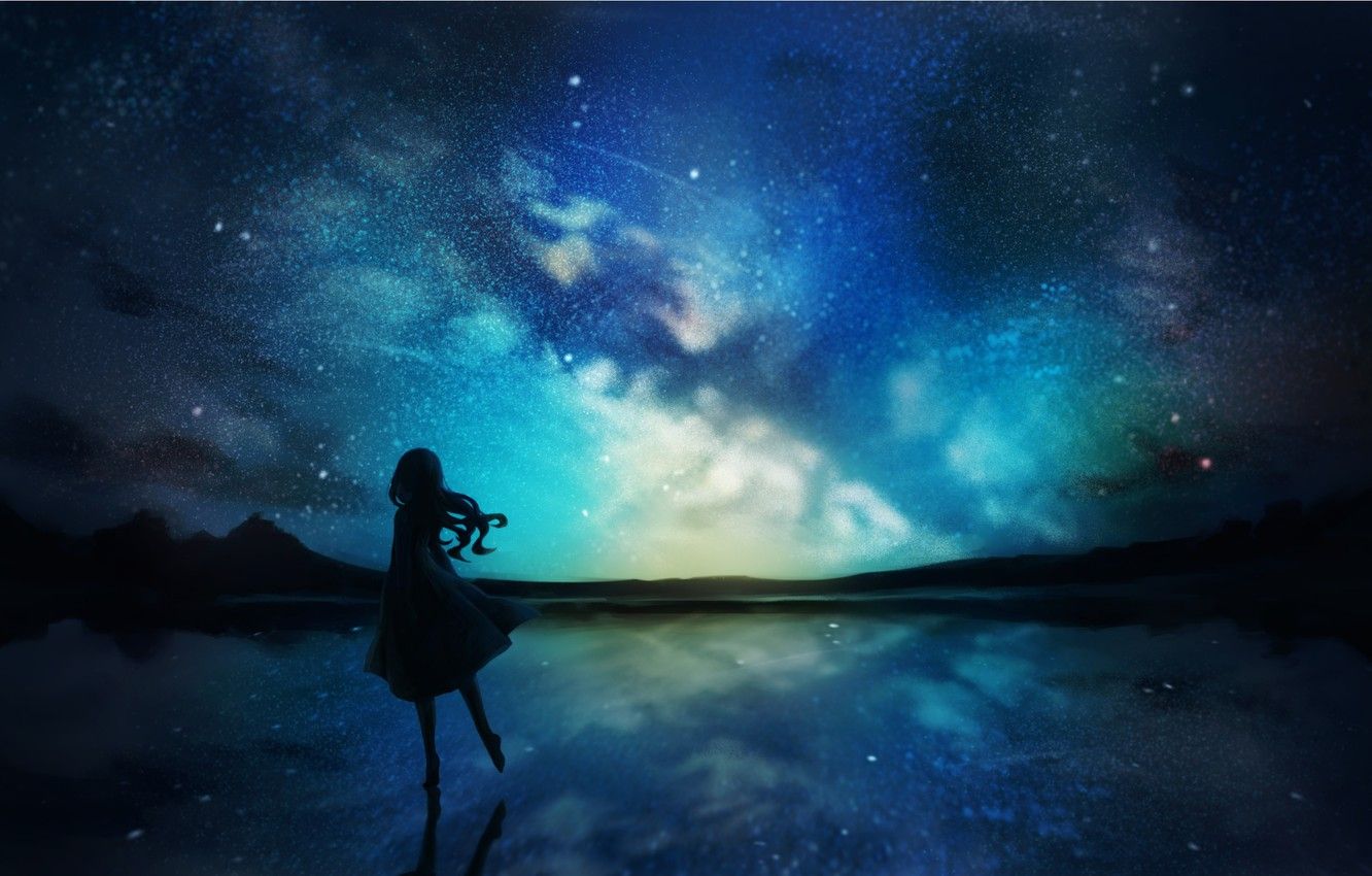 Ragazza silhouette cielo stellato notte, 1332x850 HD, Desktop
