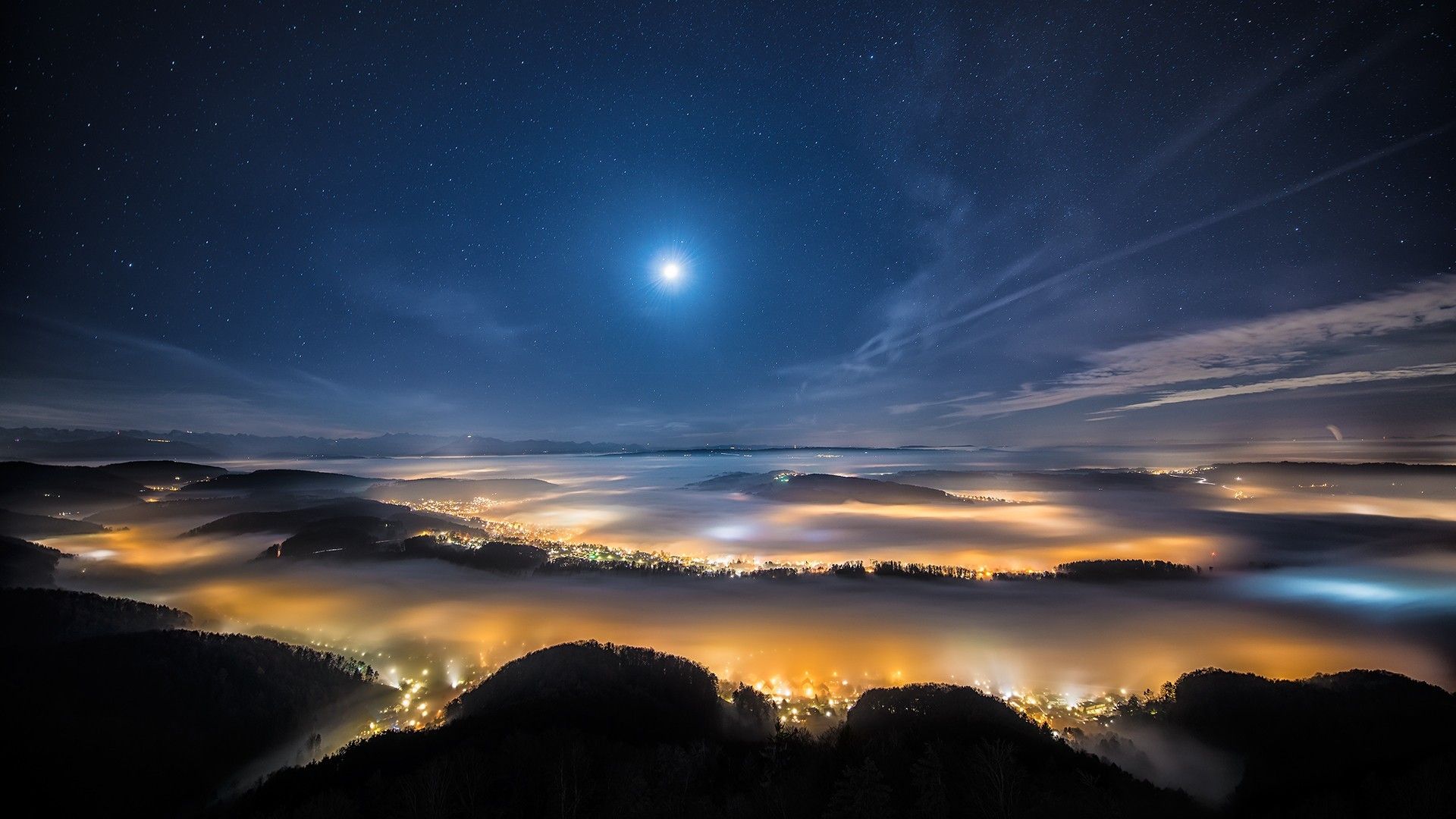 Paesaggio notturno con luna e nebbia, 1920x1080 Full HD, Desktop