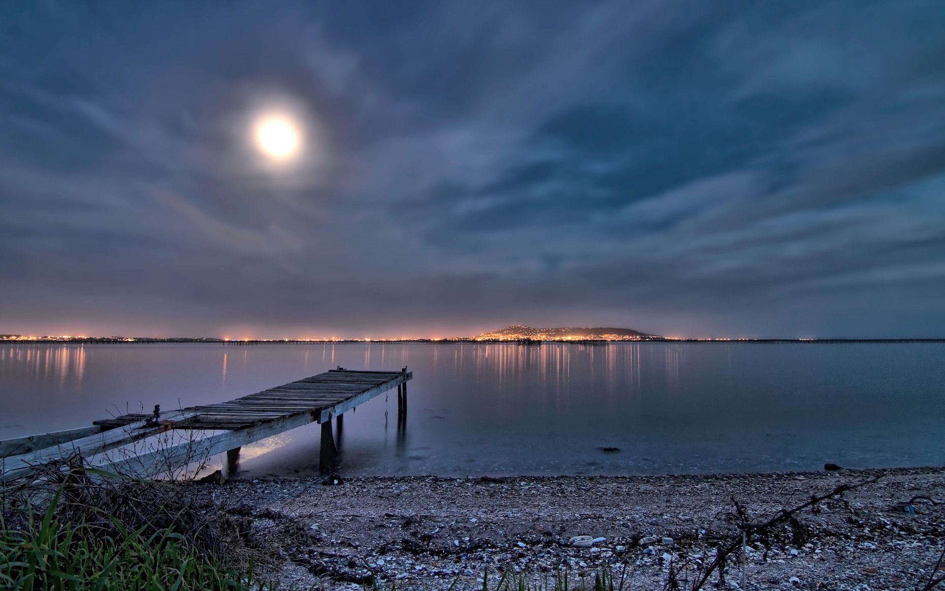Molo notturno con luna piena, 1920x1200 WUXGA, Laptop